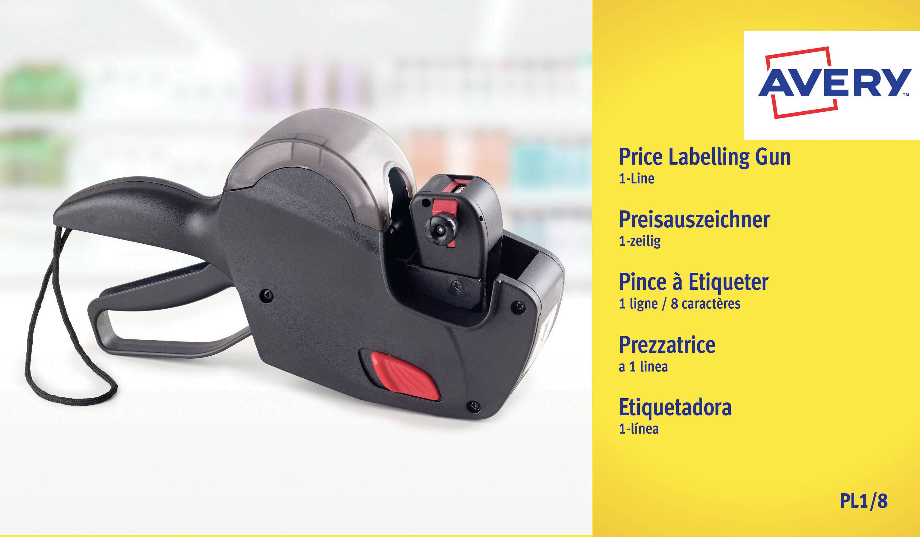 Avery Preisschilderpistole auf weißem Hintergrund, gezeigt mit mehrsprachigen Produktnamen und Modell PL1/8 auf der rechten Seite.