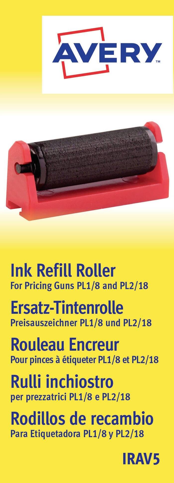 Avery Nachfüllrolle für Preisauszeichnungsgeräte PL1/8 und PL2/18, gezeigt mit rotem Rollergerät auf gelber Verpackung in mehreren Sprachen.