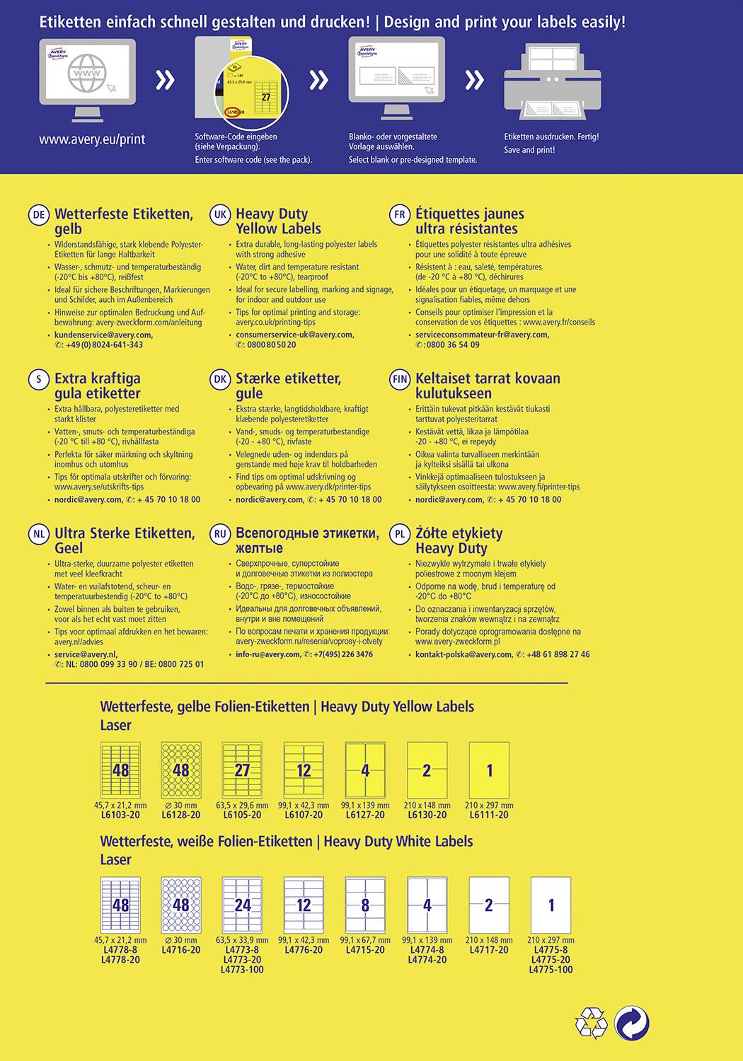 Avery-Zweckform L6105-20 Wetterfeste Etiketten 63.5 x 29.6 mm Polyester-Folie Gelb 540 St. Permanent haftend Farblaserdrucker, Laserdrucker