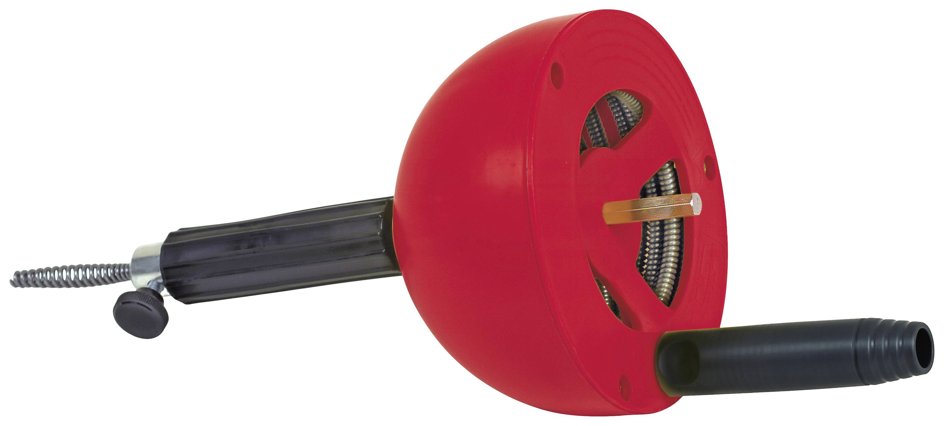 Rote Rohrreinigungshandkurbel mit Spirale und Griff.