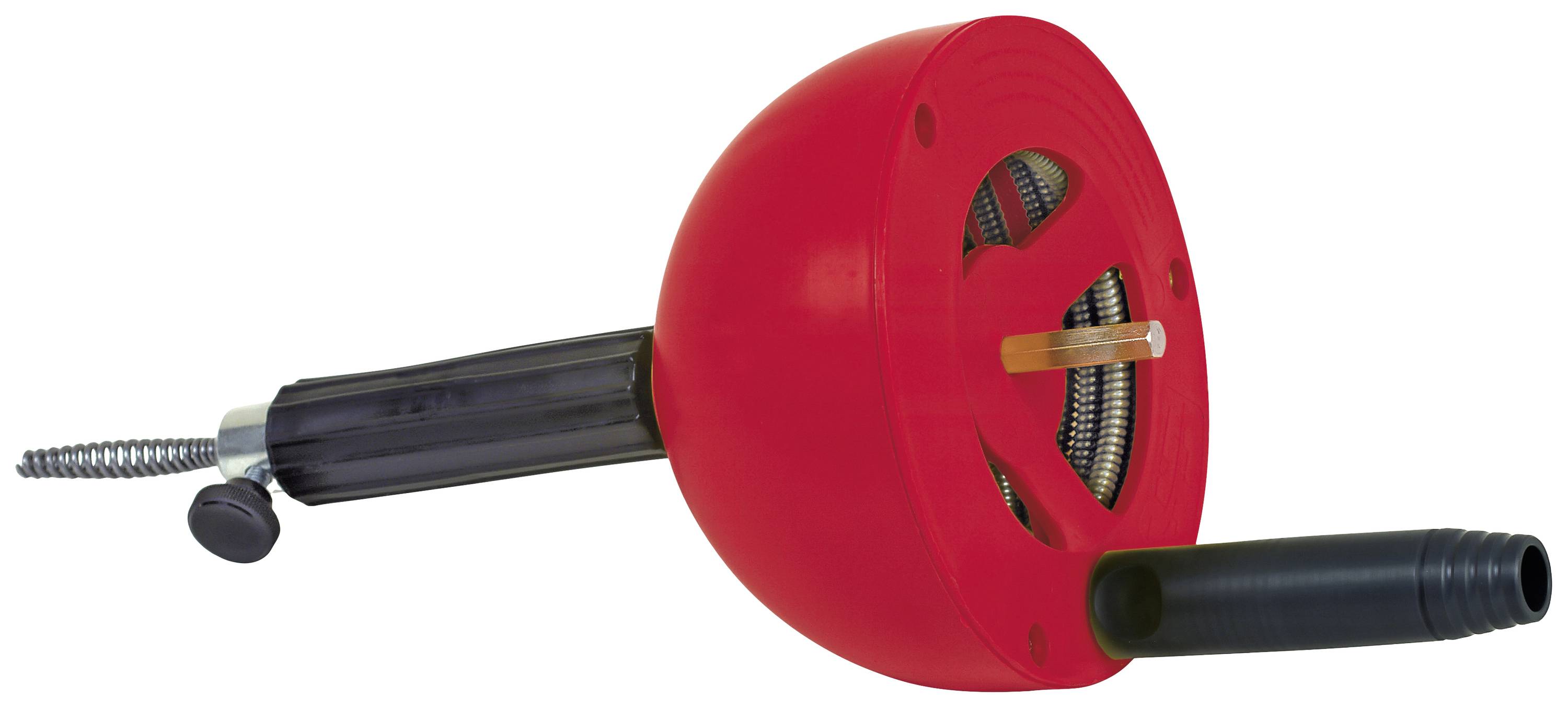 Ein rotes Rohrreinigungswerkzeug mit Griff und langer, spiralförmiger Metallspitze, das zum Reinigen von Abflüssen verwendet wird.