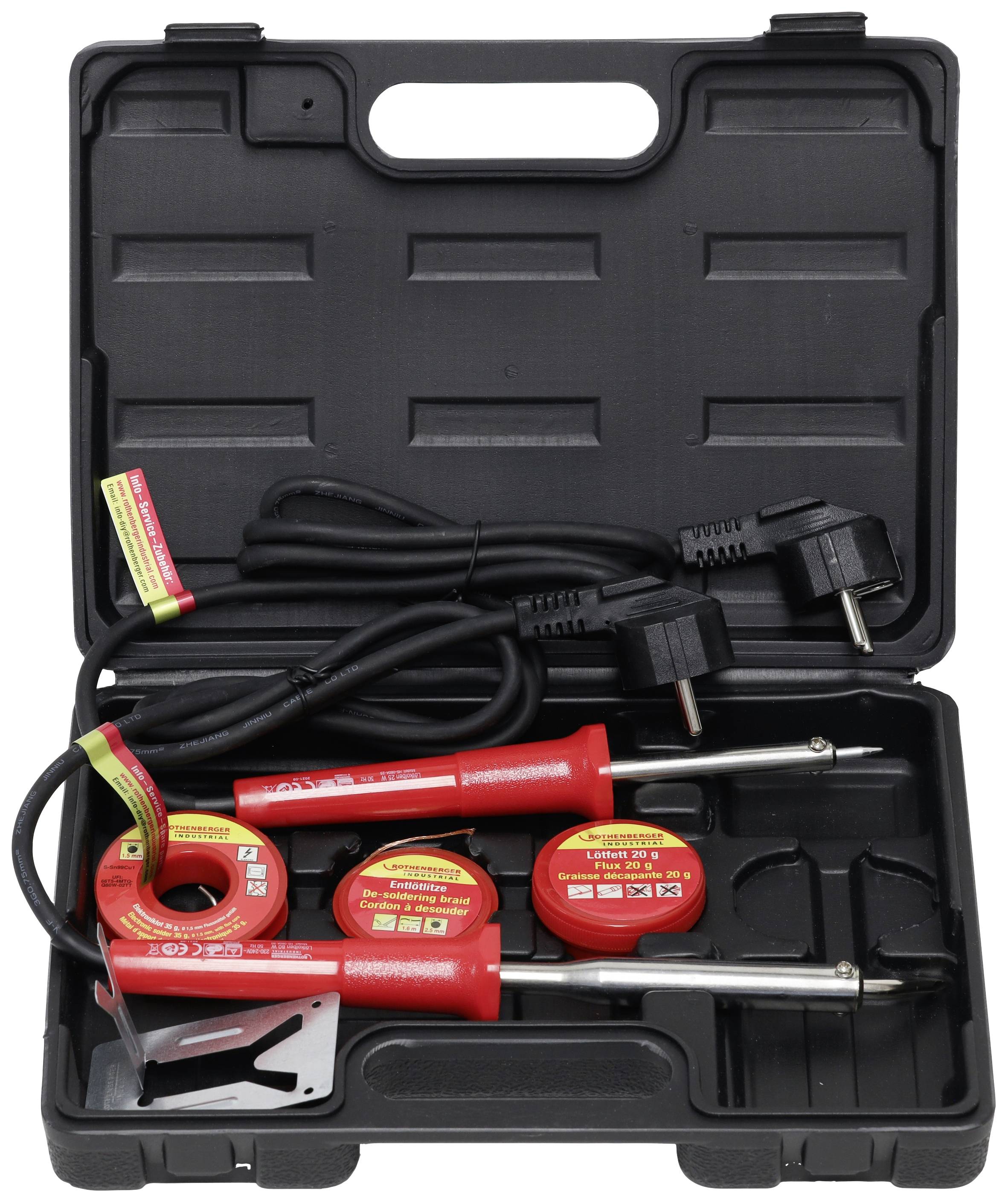 Ein Lötkolben-Set in einem schwarzen Koffer mit verschiedenen Aufsätzen und Kabeln, ideal für Elektronikreparaturen.