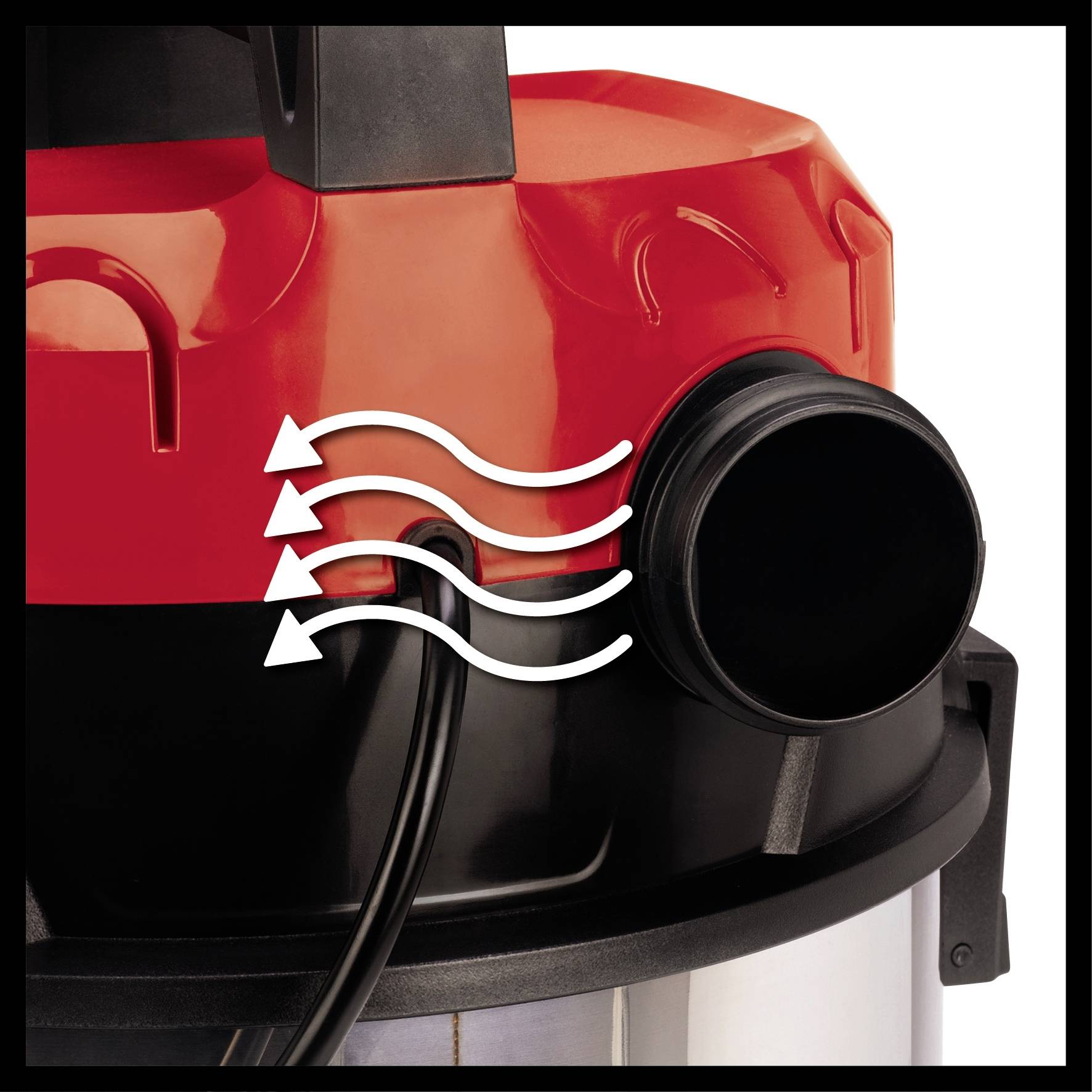 Industriestaubsauger mit rotem Gehäuse, schwarzem Schlauchanschluss und weißen Pfeilen, die den Luftstrom darstellen.