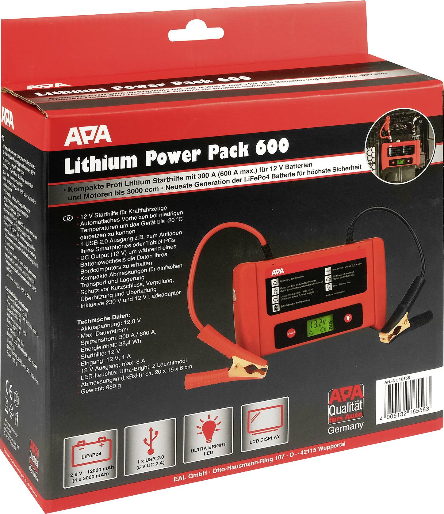 APA Schnellstartsystem Litium PowerPack 16558 Starthilfestrom (12 V)=600 A USB-Steckdose 2x, Arbeitsleuchte, Elektronikschutz, Ladezustandsanzeige