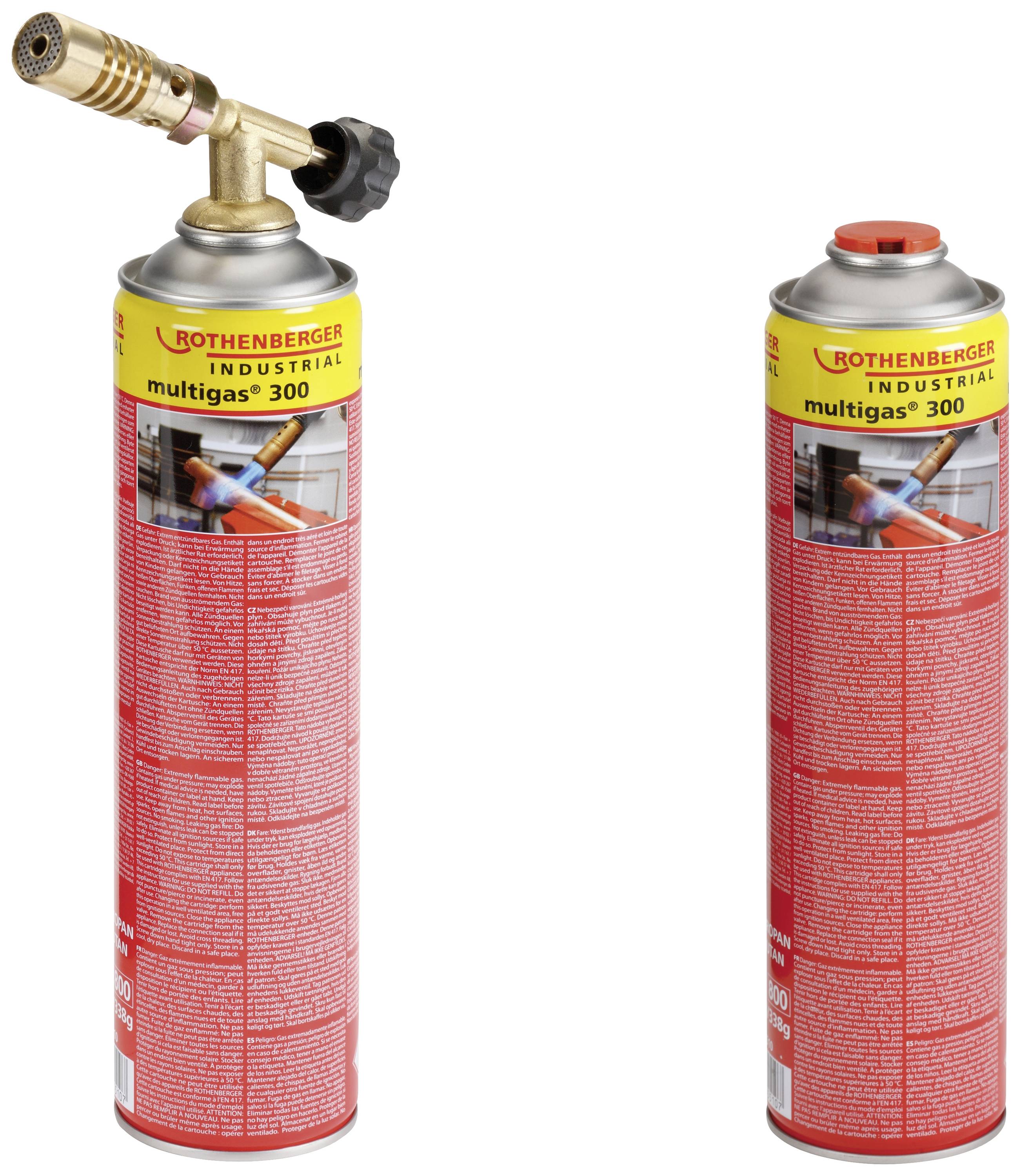 Zwei ROTHENBERGER Multigas 300 Dosen. Links mit montiertem Brenneraufsatz, rechts ohne Aufsatz. Brenner wichtig für Lötarbeiten.