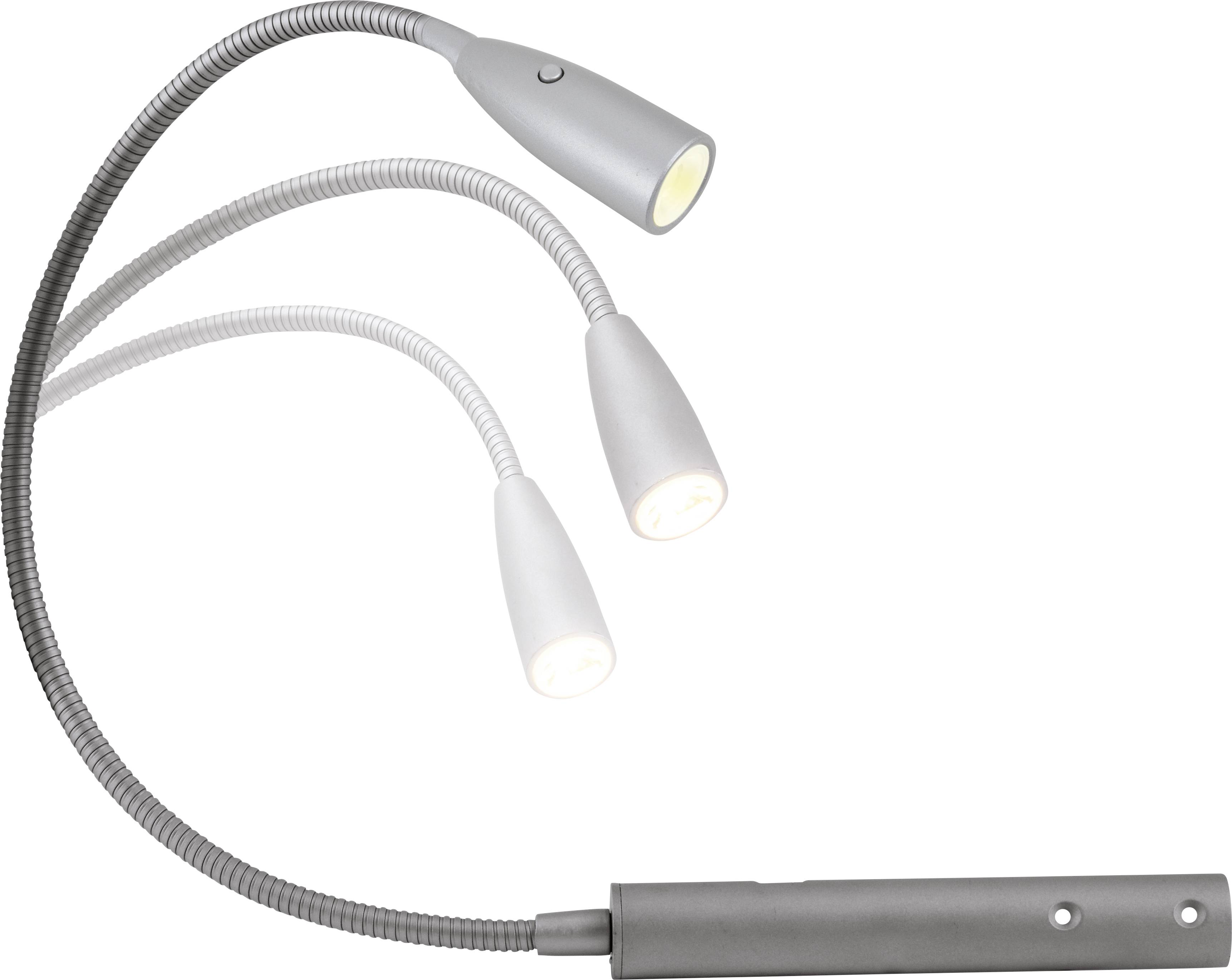 Eine dreiköpfige, flexible LED-Lampe mit silbernem Gehäuse. Die Arme sind biegsam, um das Licht in verschiedene Richtungen zu lenken.