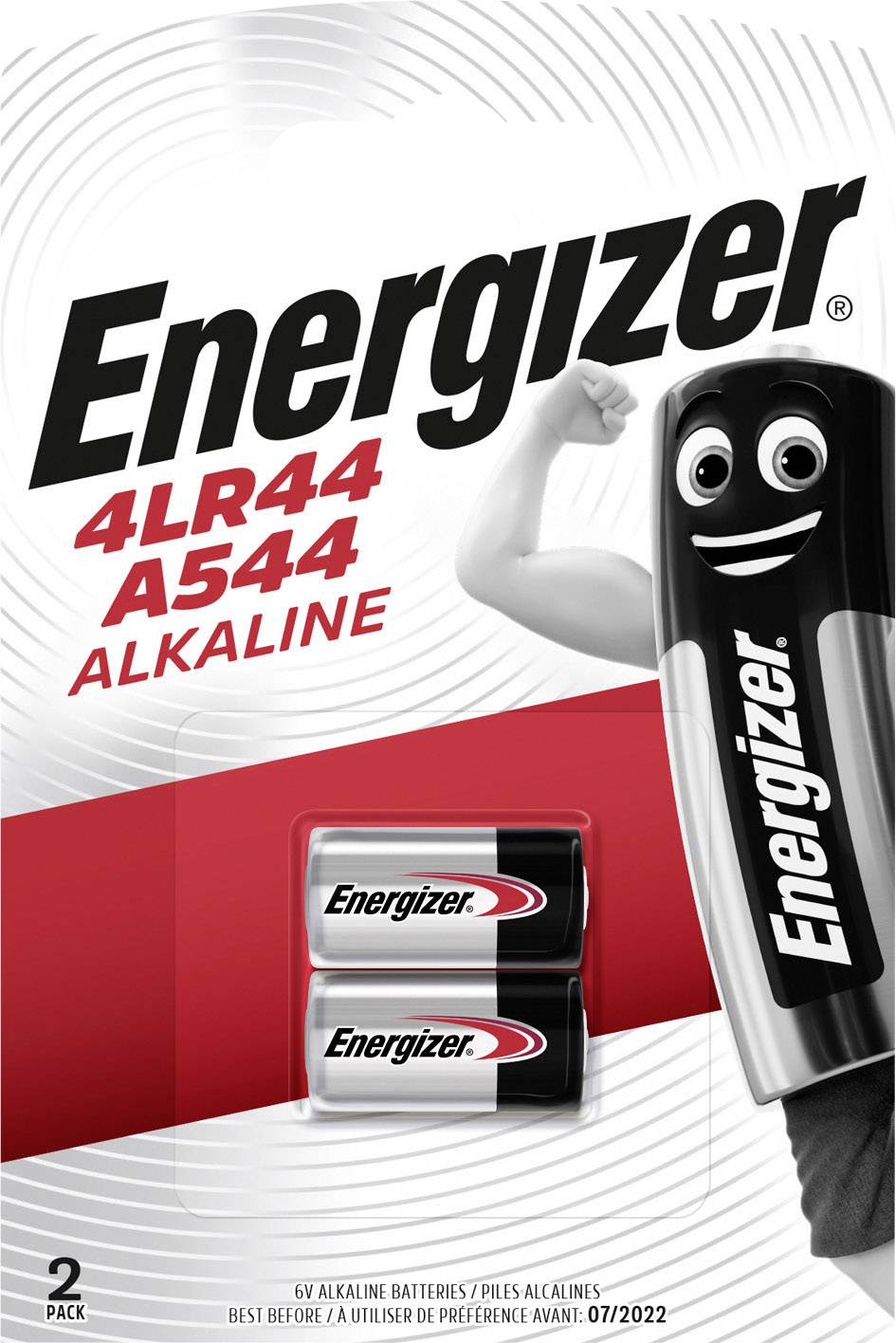 Energizer Batterie-Verpackung mit zwei 4LR44 Alkalibatterien, Markenname und Maskottchen auf der Vorderseite.