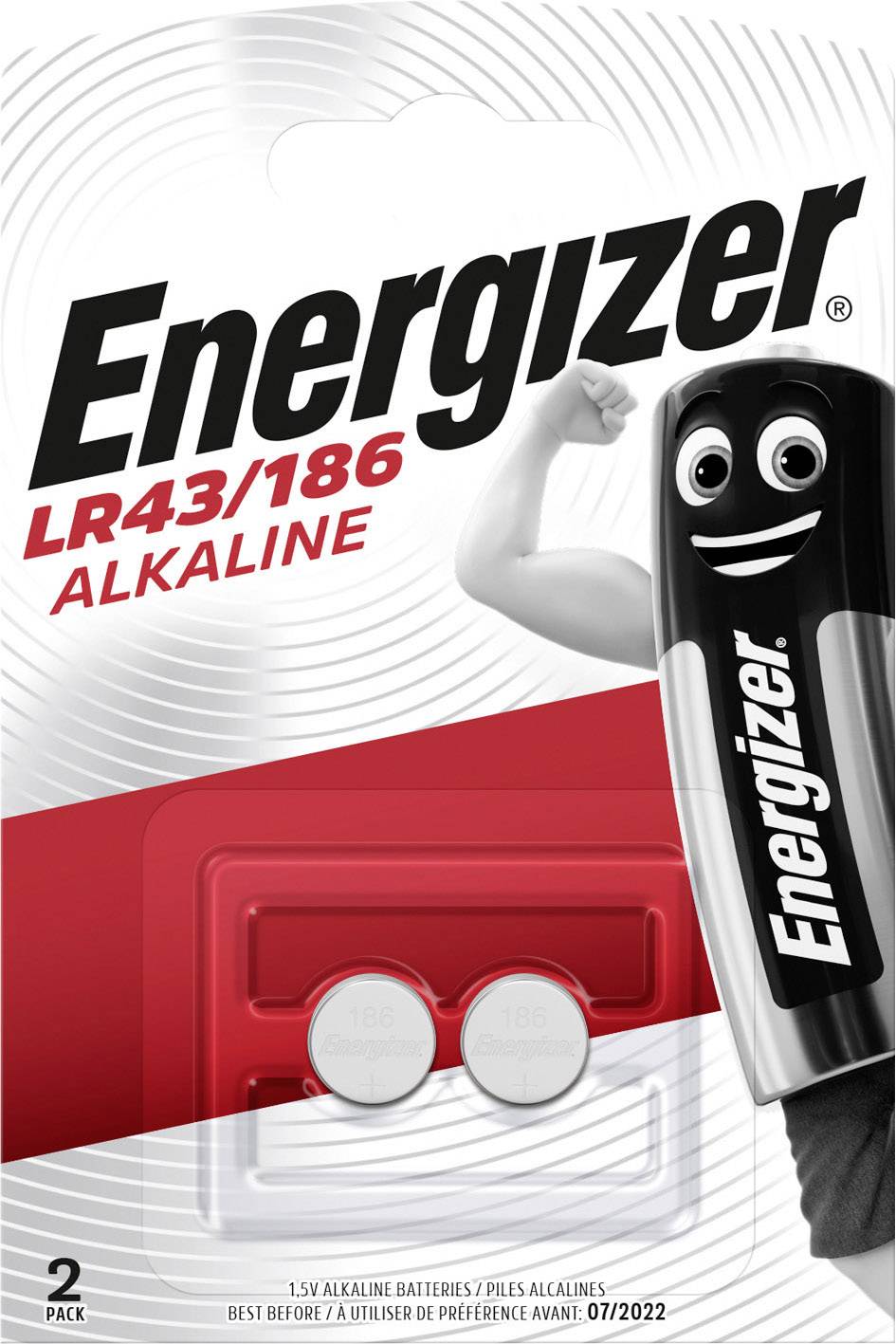 Energizer LR43/186 Alkaline-Batterien in einer 2er-Packung. Verpackung zeigt eine Cartoon-Batterie mit lächelndem Gesicht.