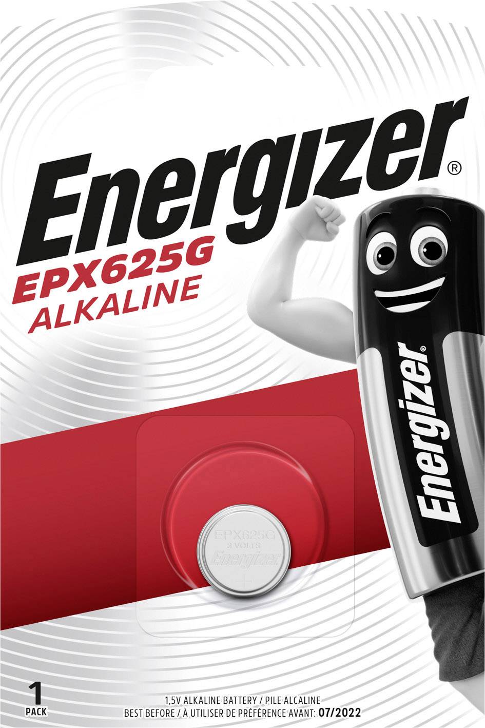 Batterieverpackung der Marke Energizer. Enthält eine EPX625G Alkaline-Batterie. Maskottchen auf der rechten Seite lächelt und hebt die Faust.