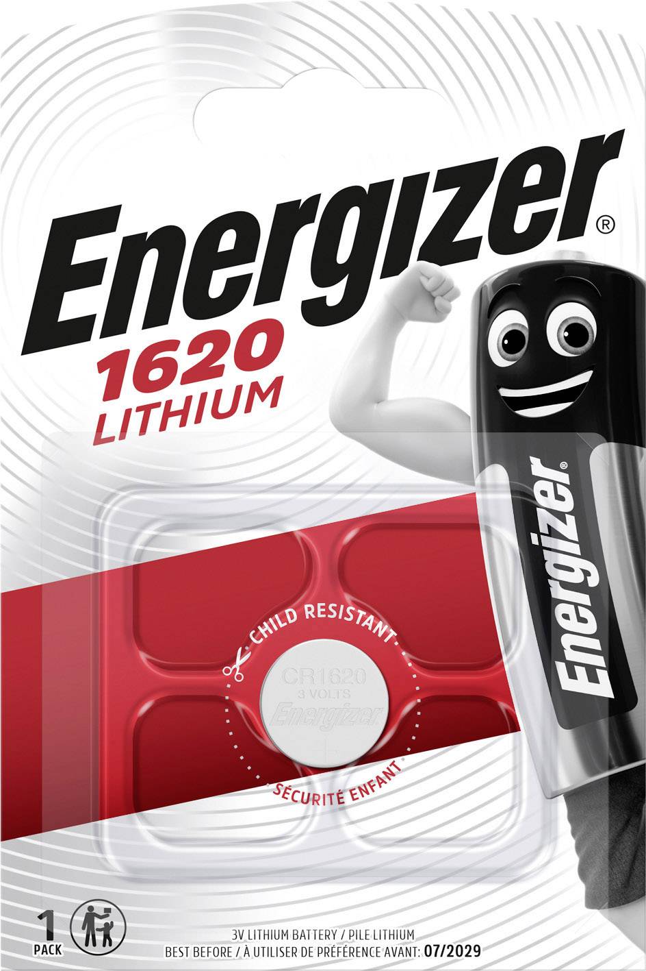 Energizer 1620 Lithium-Knopfzellenbatterie in kindersicherer Verpackung mit Haltbarkeitsdatum 07/2029.