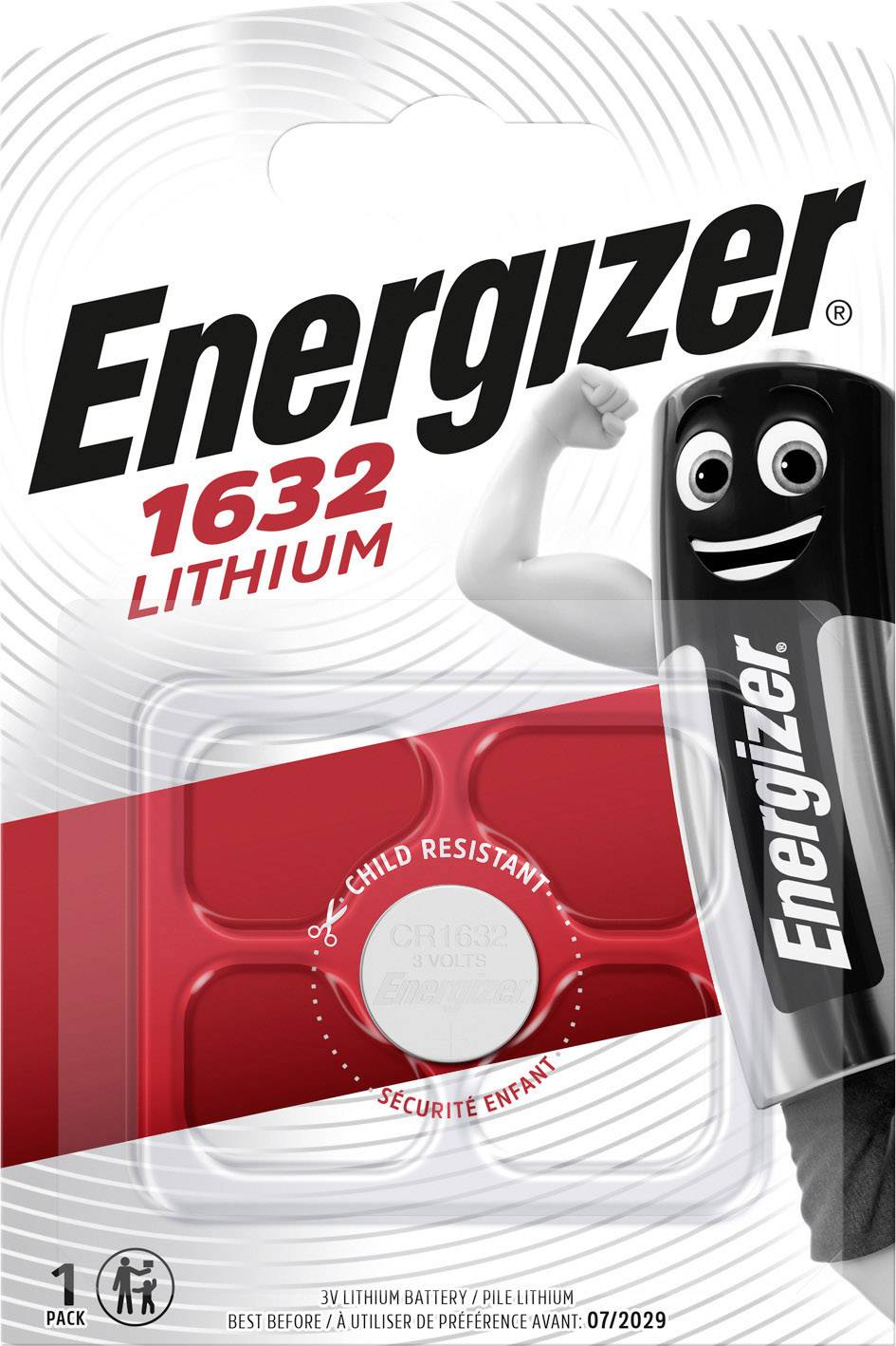 Energizer Lithium-Batterie 1632, kindersicher, 3V, geeignet bis 07/2029, mit schwarzer Energizer-Figur auf der Verpackung.