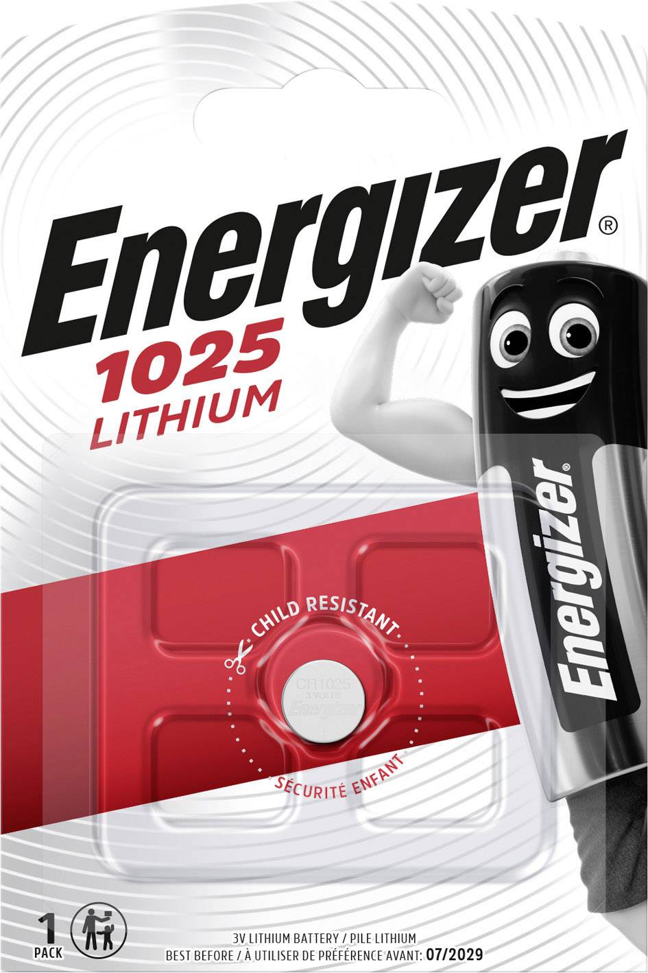 Energizer Packung mit einer 3V Lithium-Knopfzelle, Modell 1025, betont Kindersicherheit, Haltbarkeitsdatum: 07/2029.