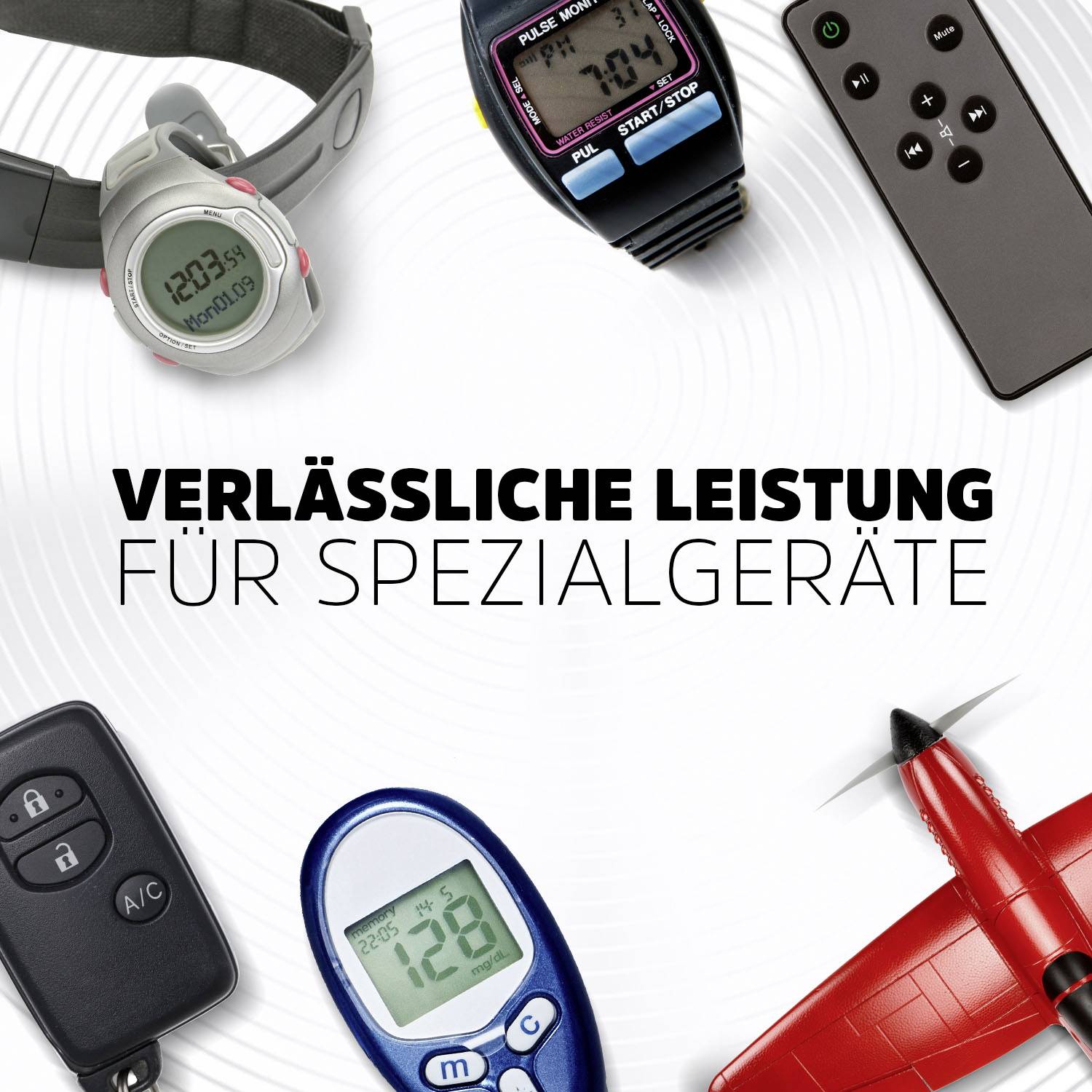 Digitale Messgeräte und Steuergeräte, darunter eine Stoppuhr, ein Pulsmonitor und ein Blutzuckermessgerät, umgeben den Text 'Verlässliche Leistung für Spezialgeräte'.