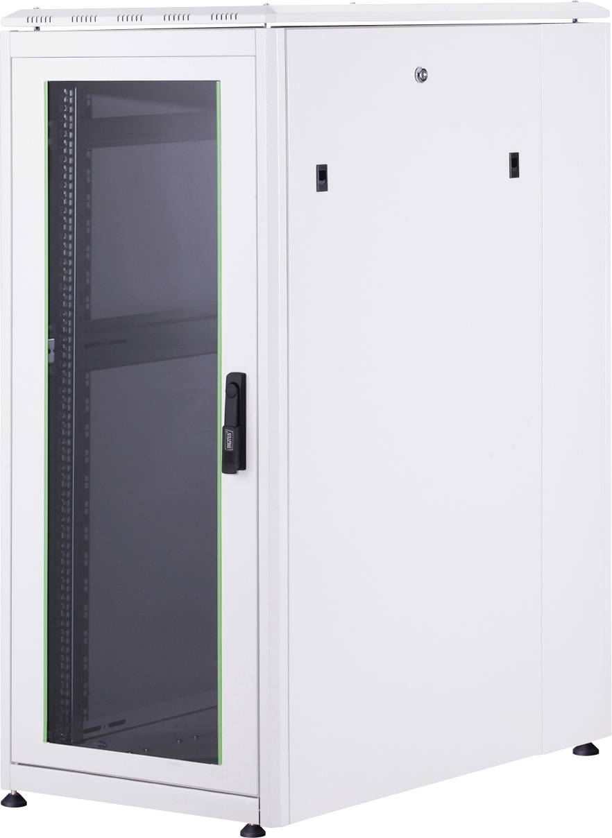 Weißer Server-Schrank mit Glastür, geeignet für die Unterbringung von Netzwerk- und IT-Ausrüstung in einem klimatisierten Umfeld.