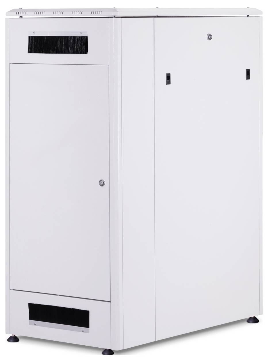 Ein großer, weißer Metallschrank mit Lüftungsöffnungen und verschließbaren Türen, geeignet zur Aufbewahrung von Geräten oder Dokumenten.