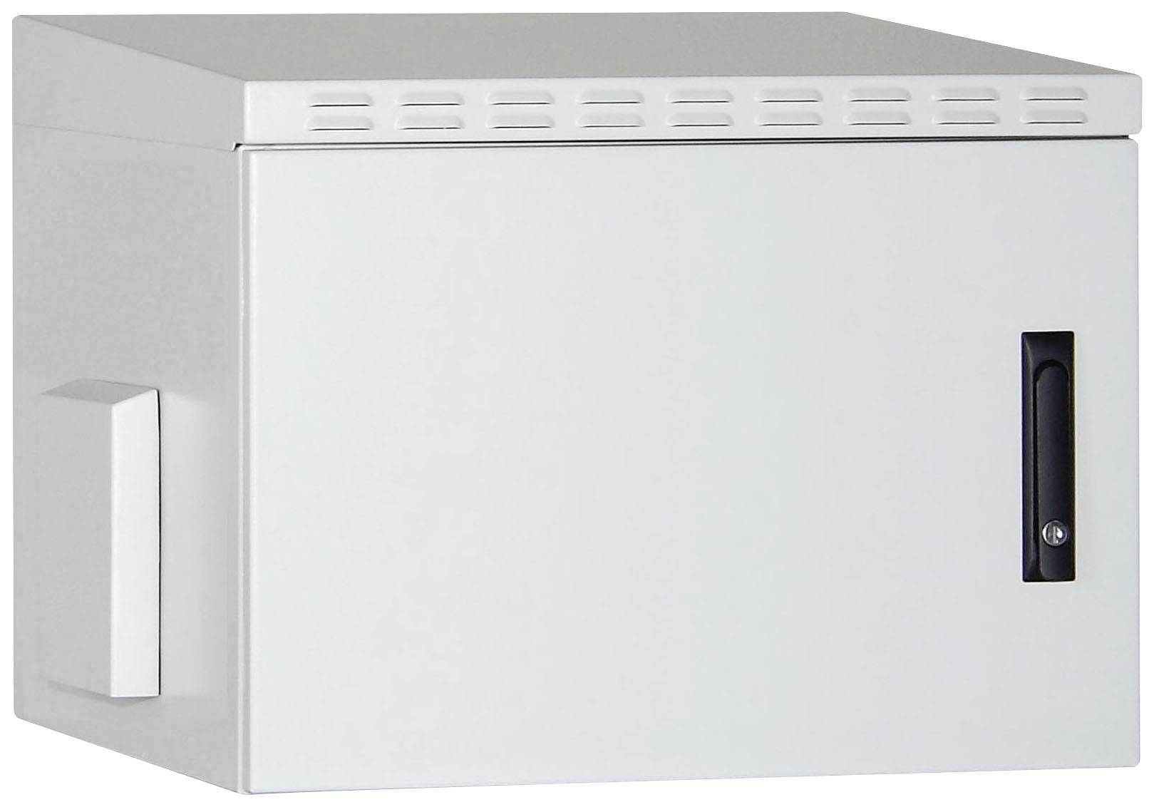 Metallschrank mit Lüftungsschlitzen und Griff auf der rechten Seite. Geeignet zur Aufbewahrung oder zum Schutz elektrischer Geräte.