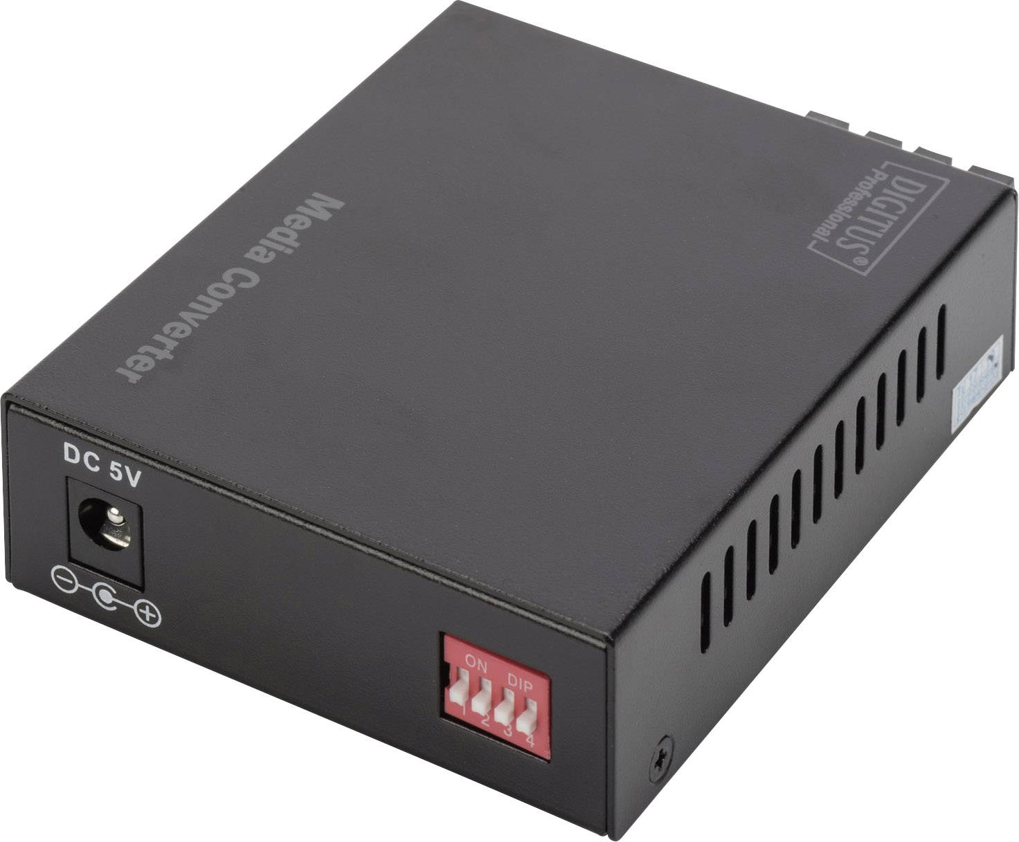 Schwarzer Media Converter, zeigt Netzteilanschluss und Schalter. Dient zur Umwandlung von Netzwerkmedien, typischer Büroausstattung.