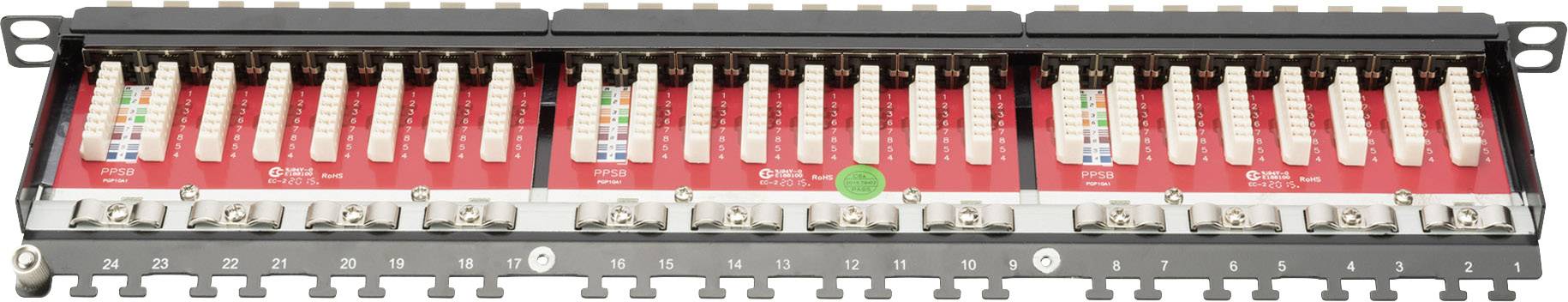 Patchpanel mit mehreren Anschlüssen und rot hinterlegten Beschriftungen. Verwendet zur Organisation von Netzwerkverbindungen in Serverräumen.