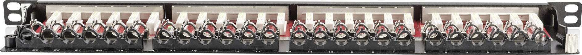 Patchpanel mit 24 Buchsen in einer Rack-Halterung, zur Organisation und Verteilung von Netzwerk- oder Telekommunikationskabeln.