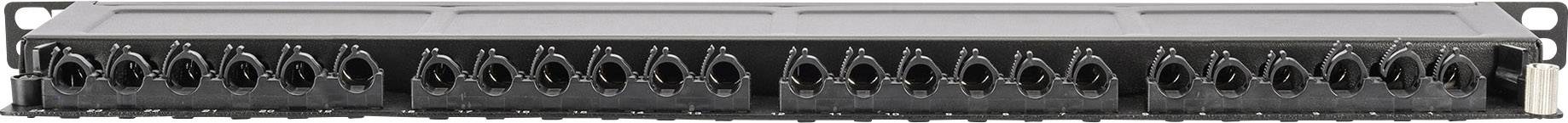 Patchpanel mit 24 Ports für Netzwerkkabel, schwarzes Gehäuse. Hauptsächlich in Serverräumen oder zur Datenverteilung verwendet.