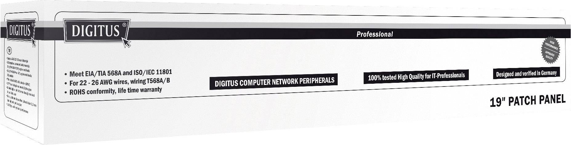 'Digitus' 19" Patch Panel Verpackung. Enthält Infos zu technischen Standards und Garantie. Entwickelt für professionelle Nutzung.