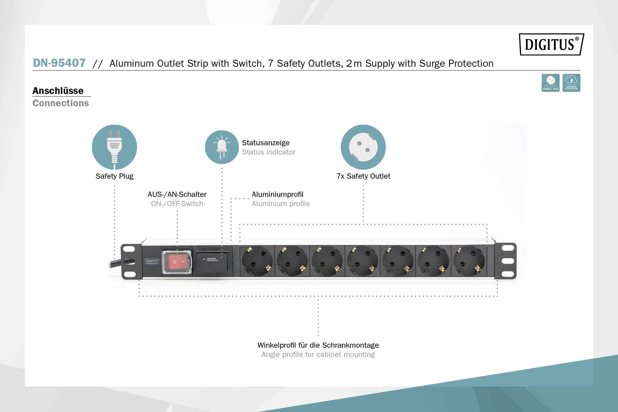 Digitus DN-95407 19 Zoll 1 HE Schutzkontaktsteckdose Schwarz