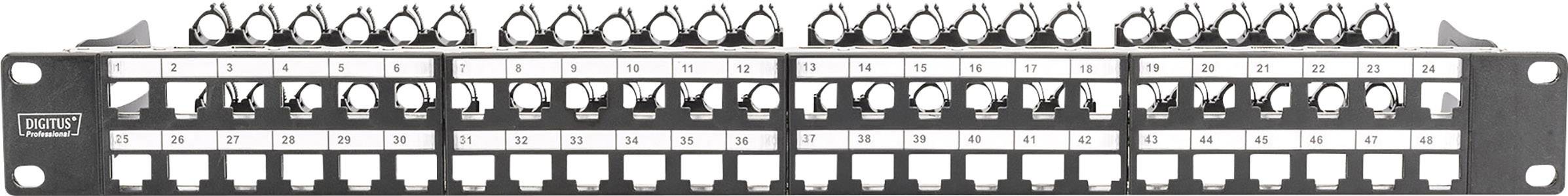 Patchpanel mit 24 RJ45-Ports, nummeriert von 1 bis 24, zur Verwaltung und Organisation von Netzwerkverbindungen in einem Rack.