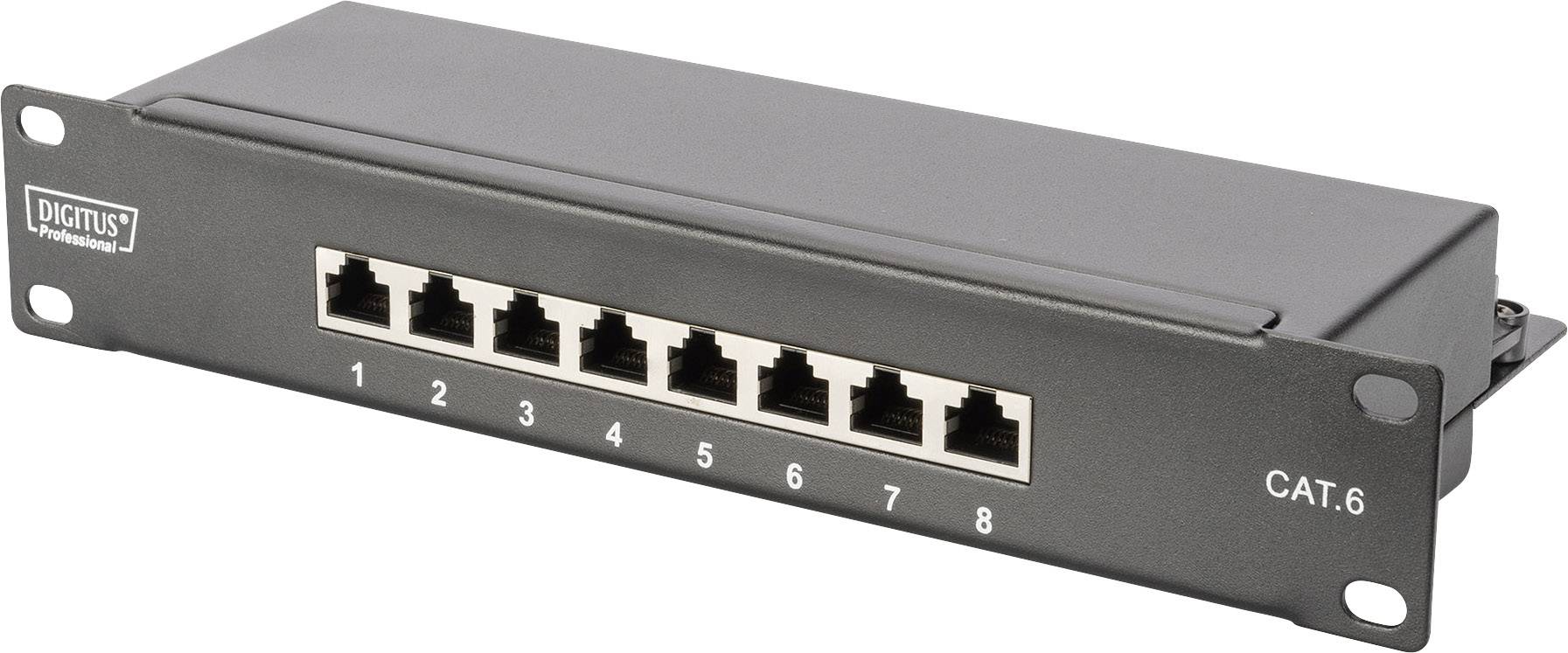 Ein CAT.6 Patchpanel mit 8 Ethernet-Ports in einer Metallhalterung, beschriftet mit den Zahlen 1 bis 8, für Netzwerkverbindungen.