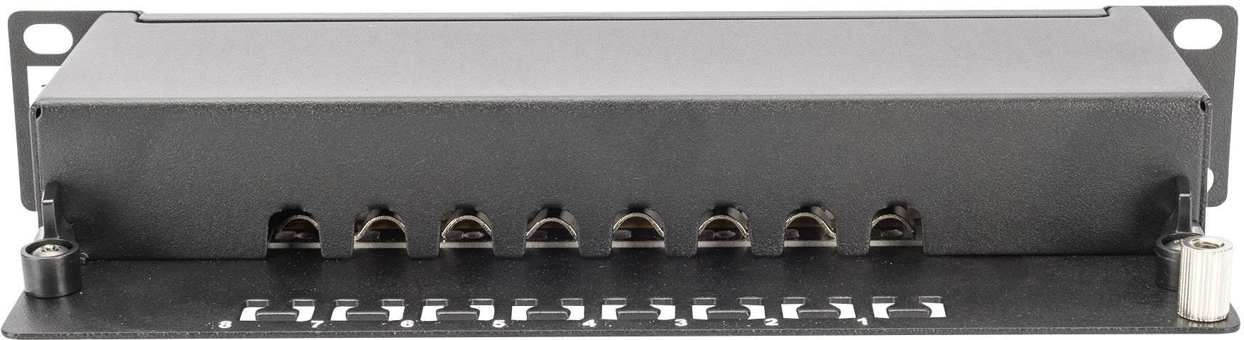 Ein schwarzes Patchpanel mit acht Ethernet-Ports. Es dient zur Netzwerkanbindung, wobei die Ports gleichmäßig auf der Vorderseite verteilt sind.