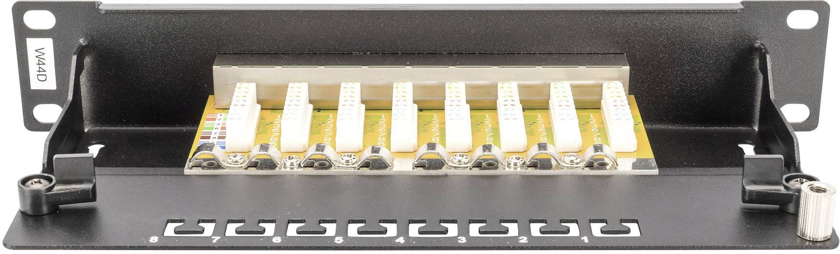 'Schwarze Glasfaserkonverterbox mit acht farblich gekennzeichneten Ports, eingesetzt auf einer Montagelücke; Etikett 