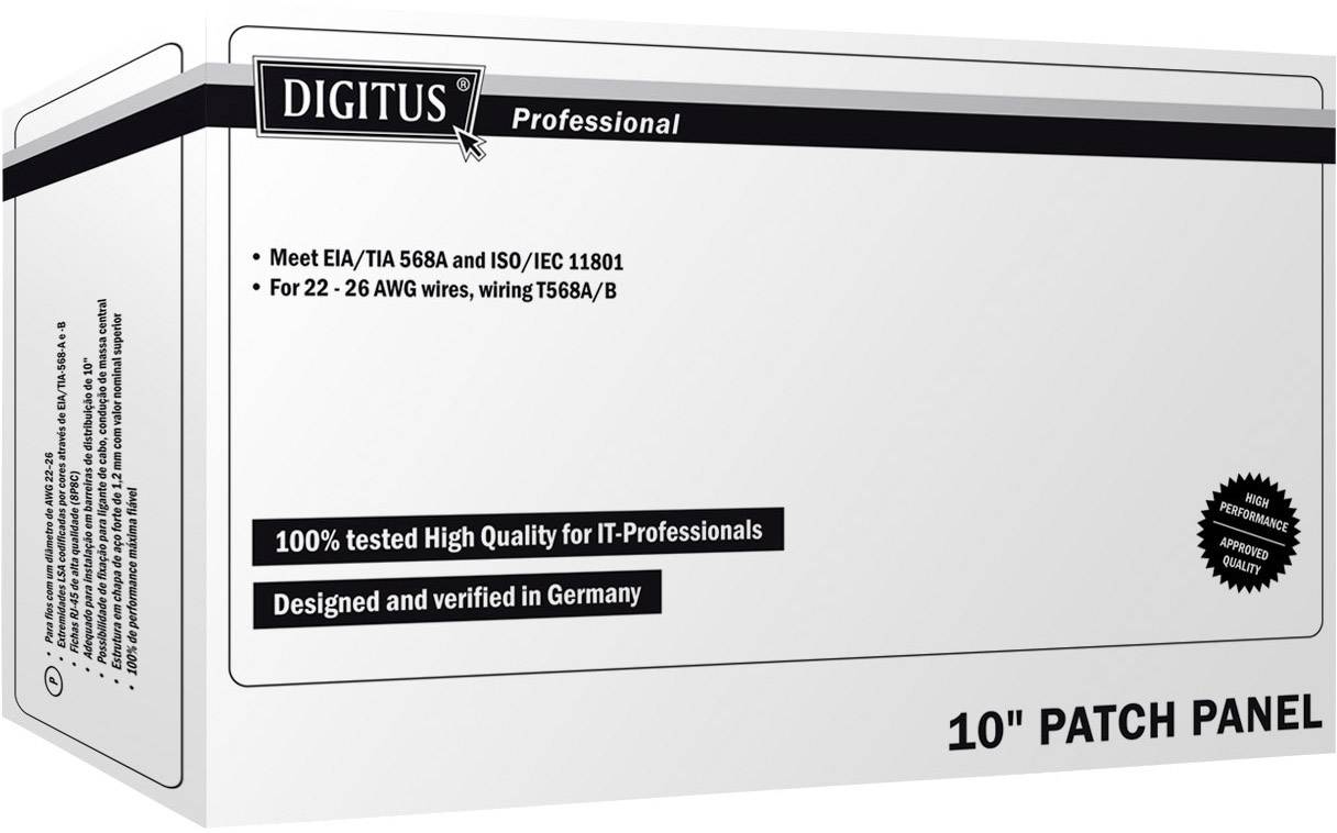 Digitus Patchpanel Verpackung mit Text: 'Meet EIA/TIA 568A and ISO/IEC 11801', '100% getestet, hochwertige Qualität', 'Entwickelt in Deutschland'.