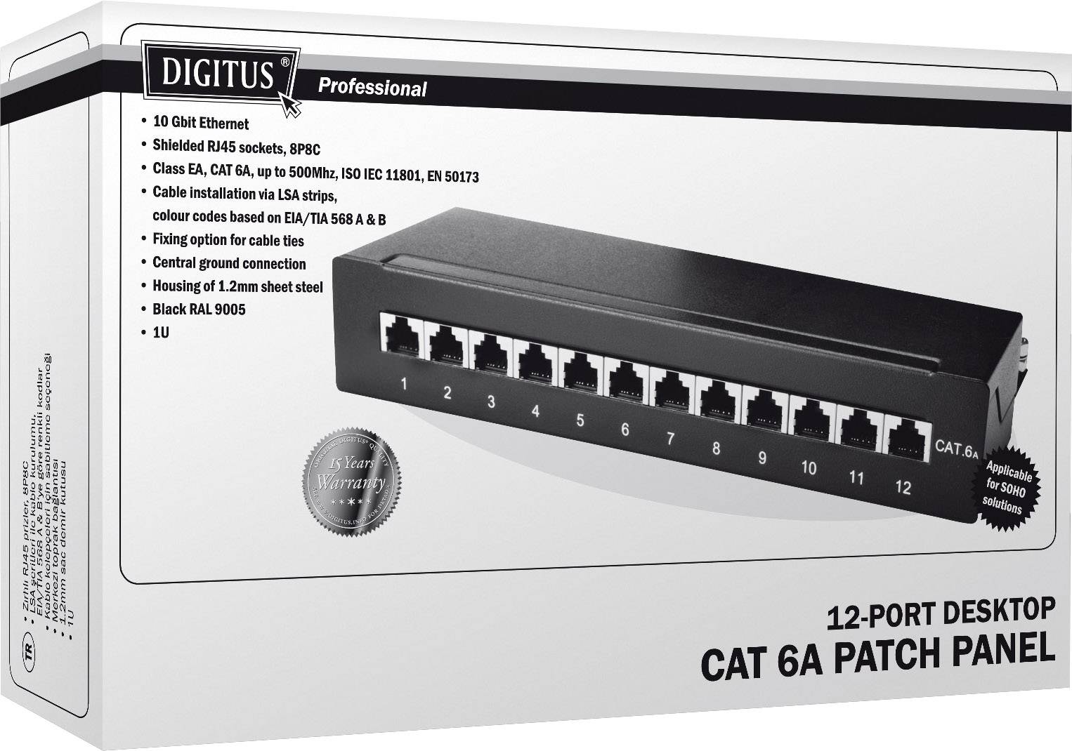 '12-Port Desktop CAT 6A Patch Panel' in Verpackung: 10 Gbit Ethernet, geschirmte RJ45-Buchsen, IEC-konform, kompakte Bauform.