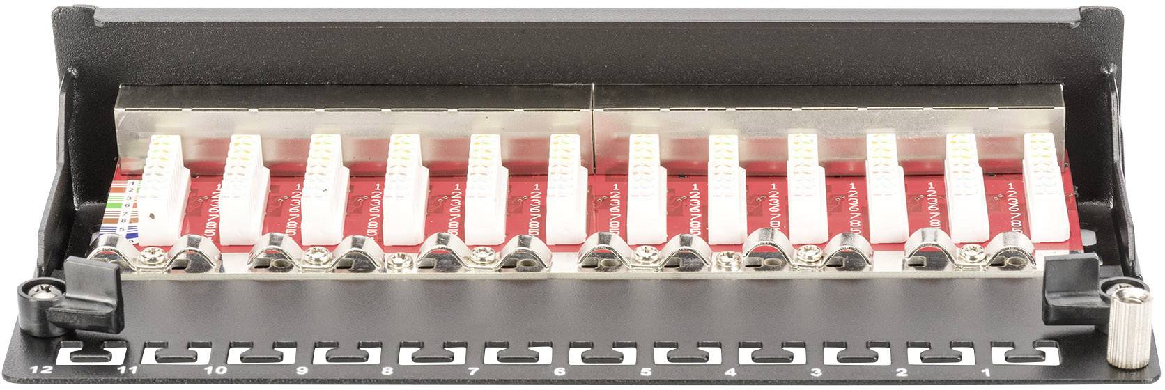 Patchpanel mit 12 Netzwerkanschlüssen in einer Reihe. Jeder Anschluss ist nummeriert und bereit für Kabelverbindung zur Netzwerkverwaltung.