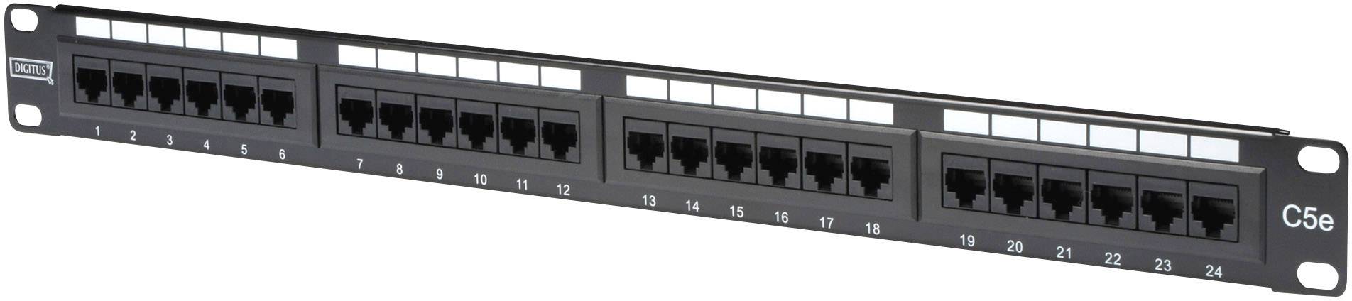 Ein 24-Port-Keystone-Patchpanel mit RJ45-Buchsen für Netzwerkkabel, kategorisiert als Cat 6e, montierbar in einem Server-Rack.