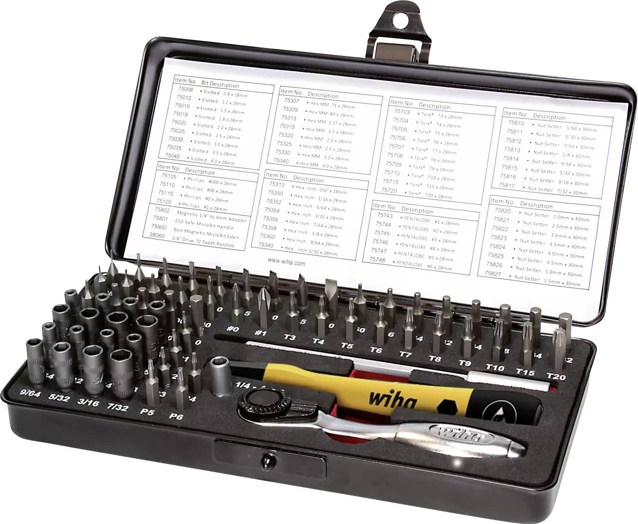 Schraubendreher-Bit-Set in offener Box mit verschiedenen Bits, Ratsche und Griff. Tabellen mit Größenangaben auf Innenseite des Deckels.