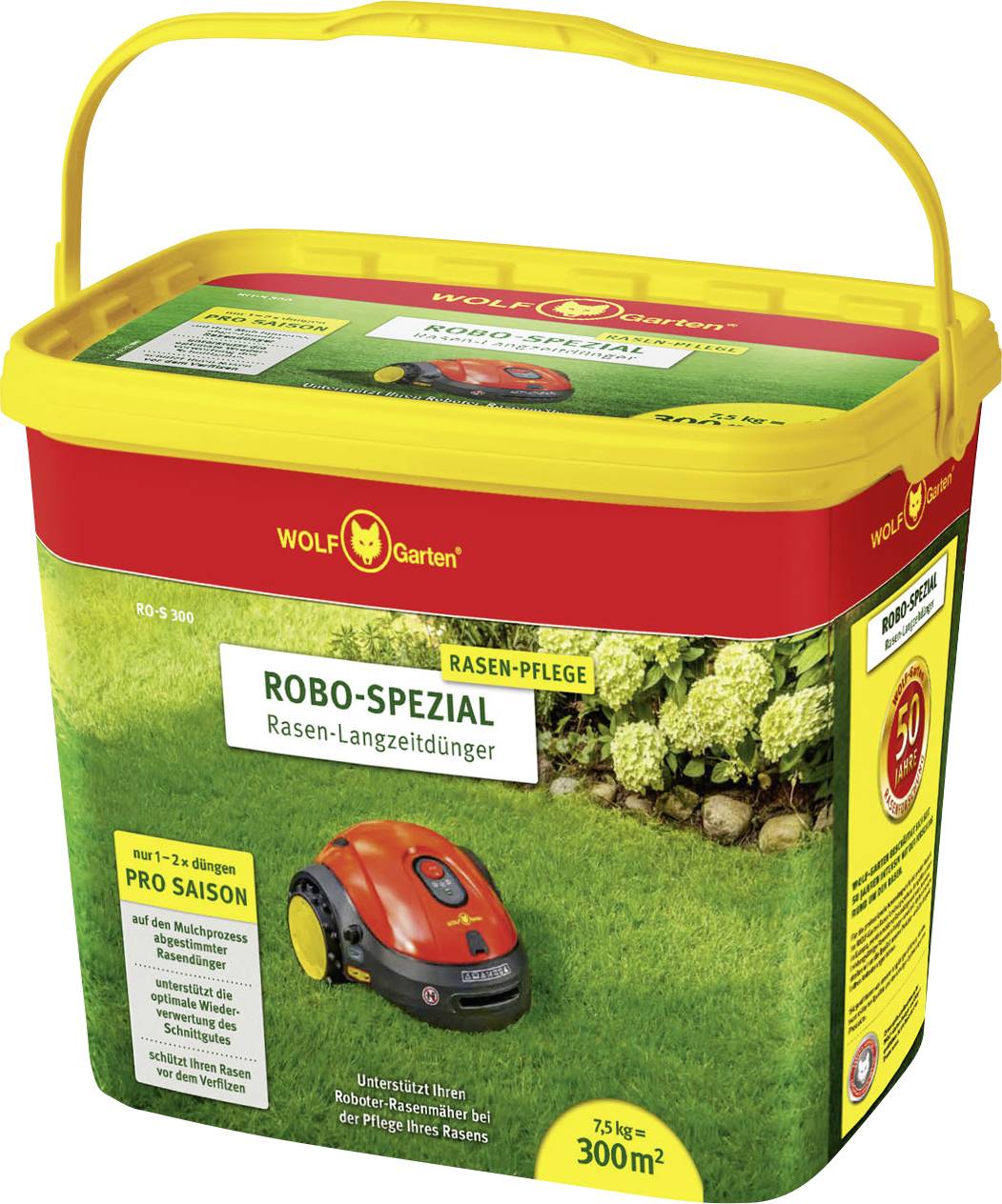 Ein gelber Behälter mit Wolf Garten Robo-Spezial Rasen-Langzeitdünger, zeigt Roboter-Rasenmäher auf grünem Gras. Enthält 7,5 kg, reicht für 300 m².