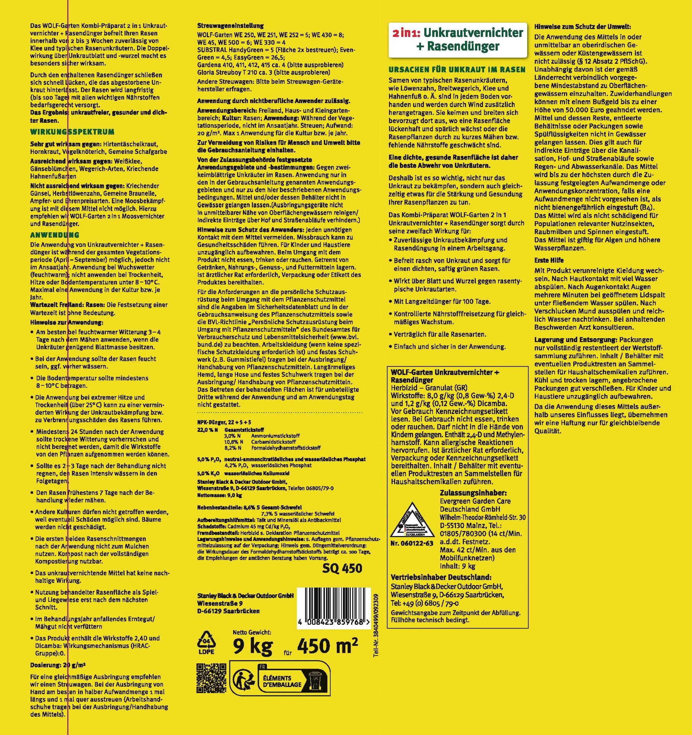 Produktverpackung von '2in1: Unkrautvernichter + Rasendünger' mit Anwendungsbereich, Anwendungshinweisen, Vorsichtsmaßnahmen und Herstellerinformationen.