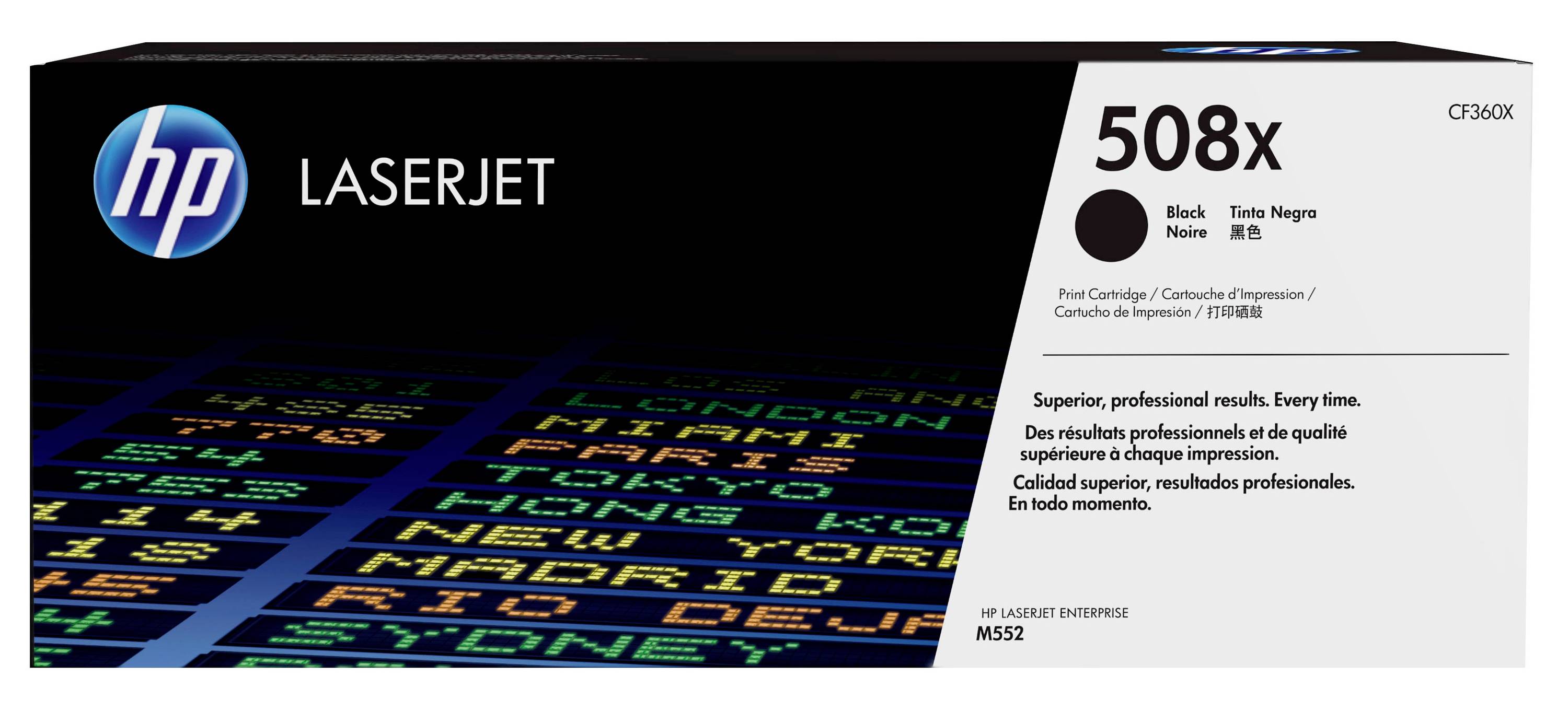 HP LaserJet 508x schwarze Tonerpatrone, gekennzeichnet für Unternehmenseinsatz und kompatibel mit HP LaserJet Enterprise M552 Druckern.