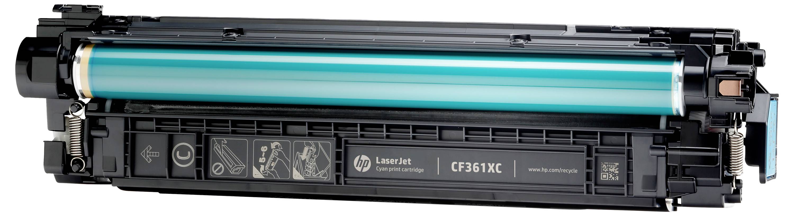 HP LaserJet Tonerpatrone CF361XC, gezeigt in Schwarz mit einer cyan Stoff-Trommel für einen Drucker.