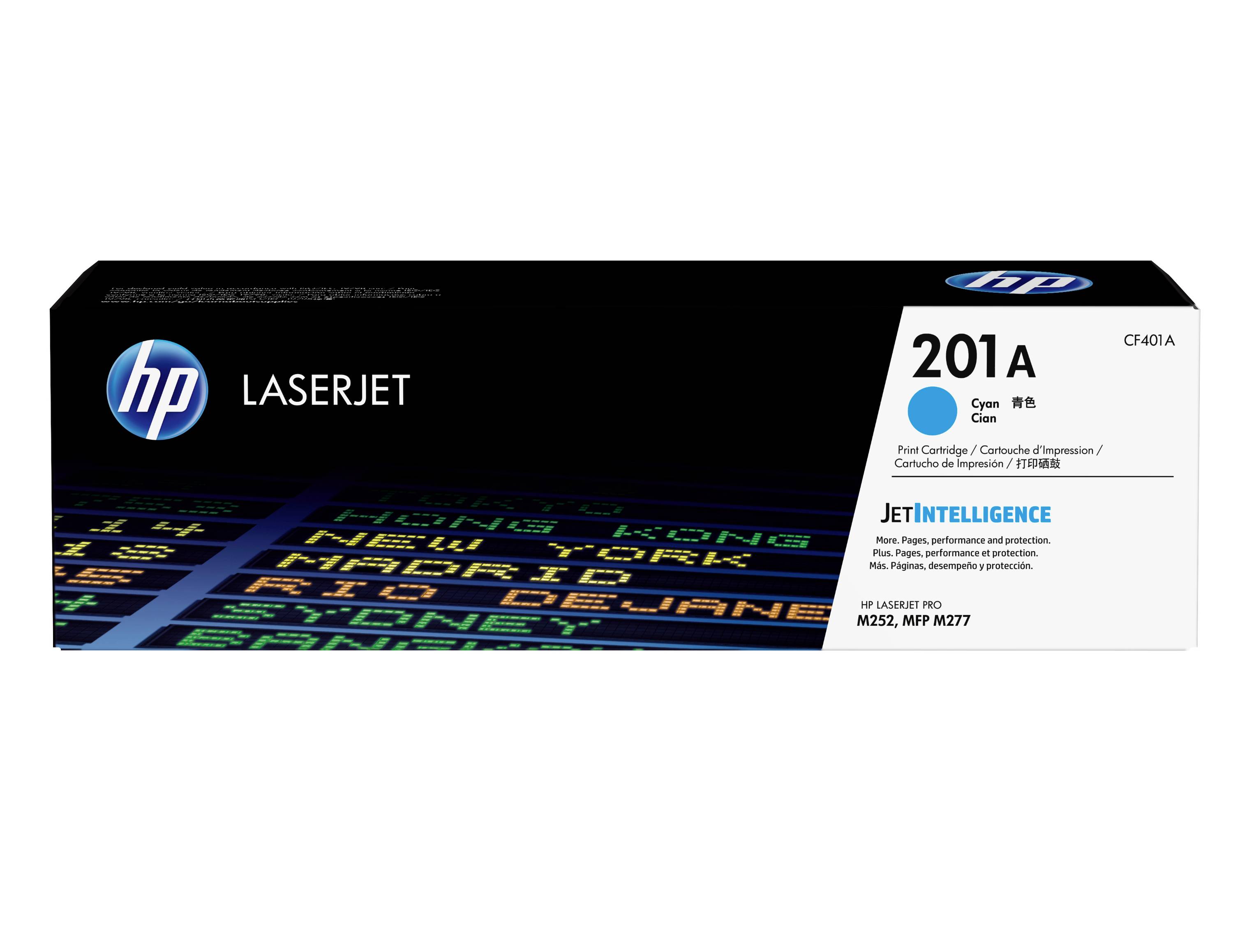 HP LaserJet Toner Box für 201A Cyan-Patrone, Modell CF401A, mit JetIntelligence Branding.