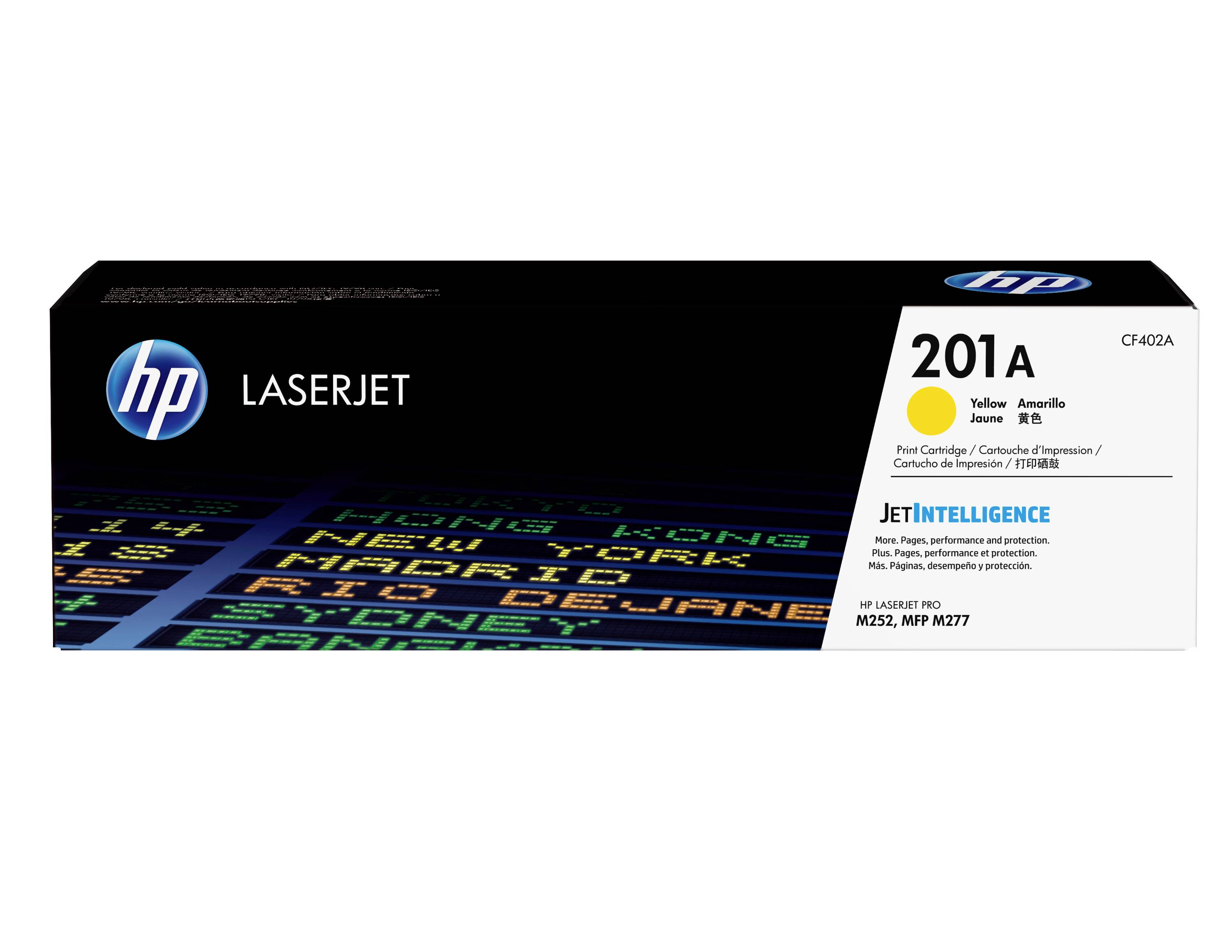 HP LaserJet 201A Gelber Tonerpatrone Box, gekennzeichnet mit CF402A für HP LaserJet Pro M252/MFP M277 Drucker.
