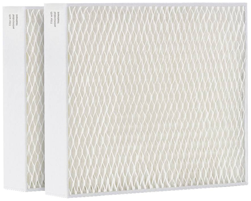 Zwei weiße Luftfilter mit wabenförmigem Muster, stehend nebeneinander, geeignet für Haushaltsgeräte zur Verbesserung der Luftqualität.