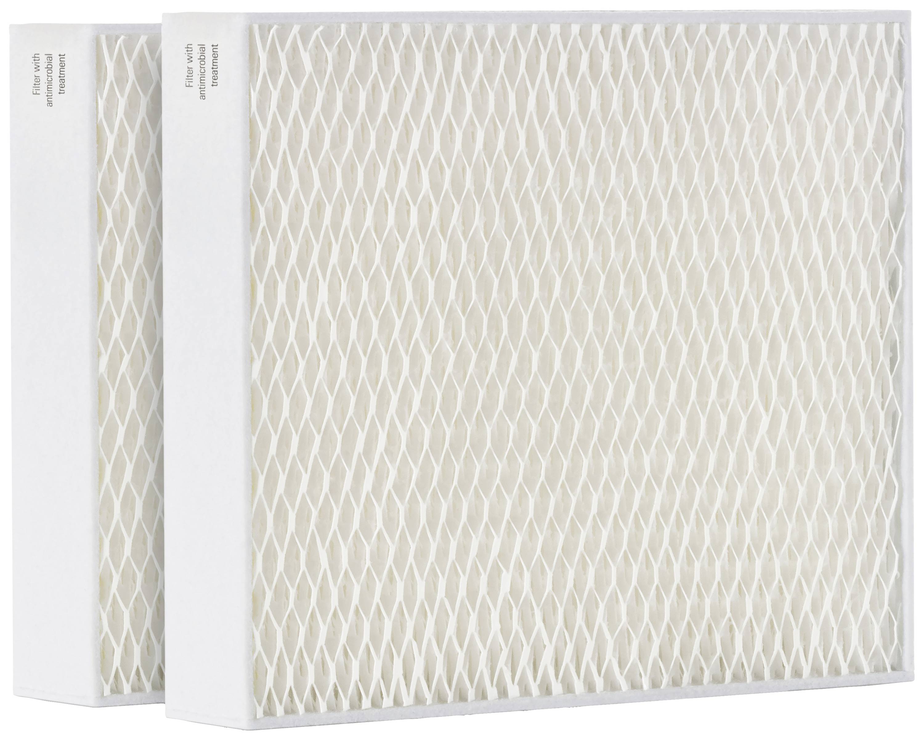 Zwei weiße Luftfilter mit wabenförmigem Muster, nebeneinander stehend.