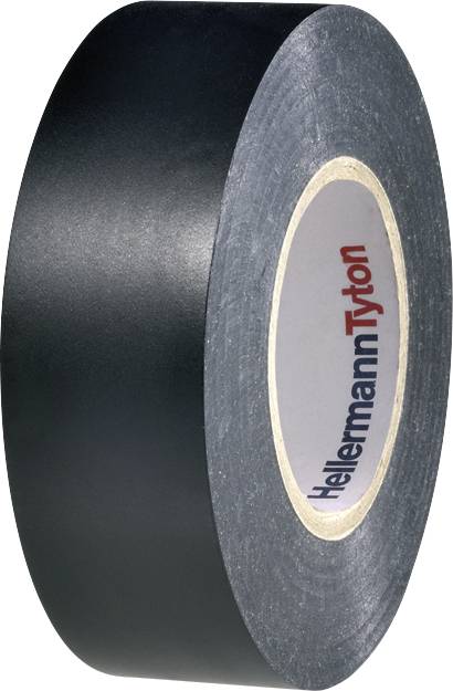 Schwarzes Isolierband mit der Markenaufschrift 'HellermannTyton' auf der Innenseite der Rolle.