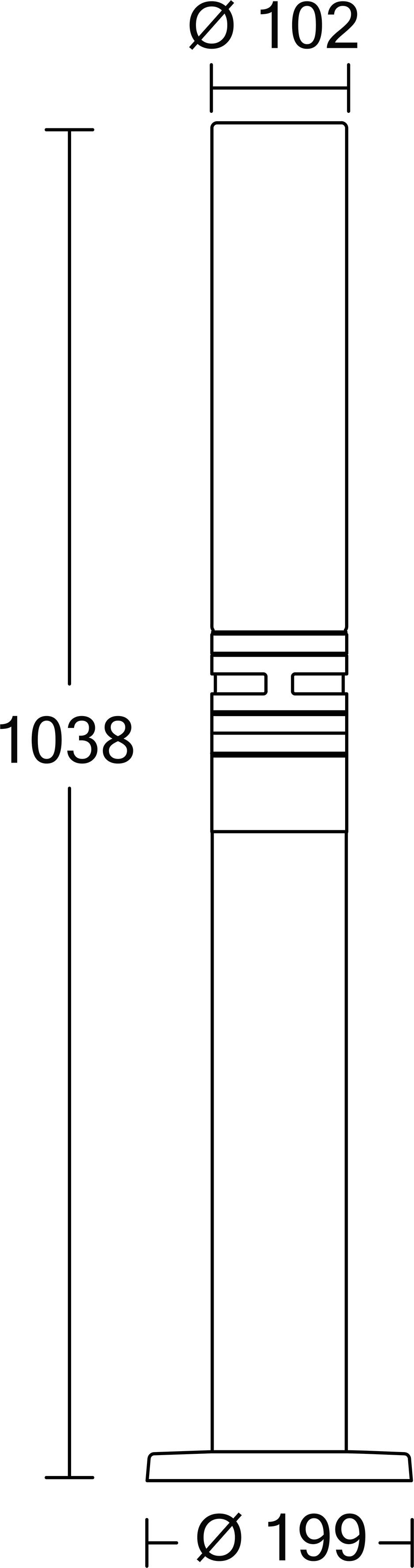 Technische Zeichnung eines zylindrischen Teils mit Gesamthöhe 1038 und Durchmessern Ø102 oben und Ø199 an der Basis.