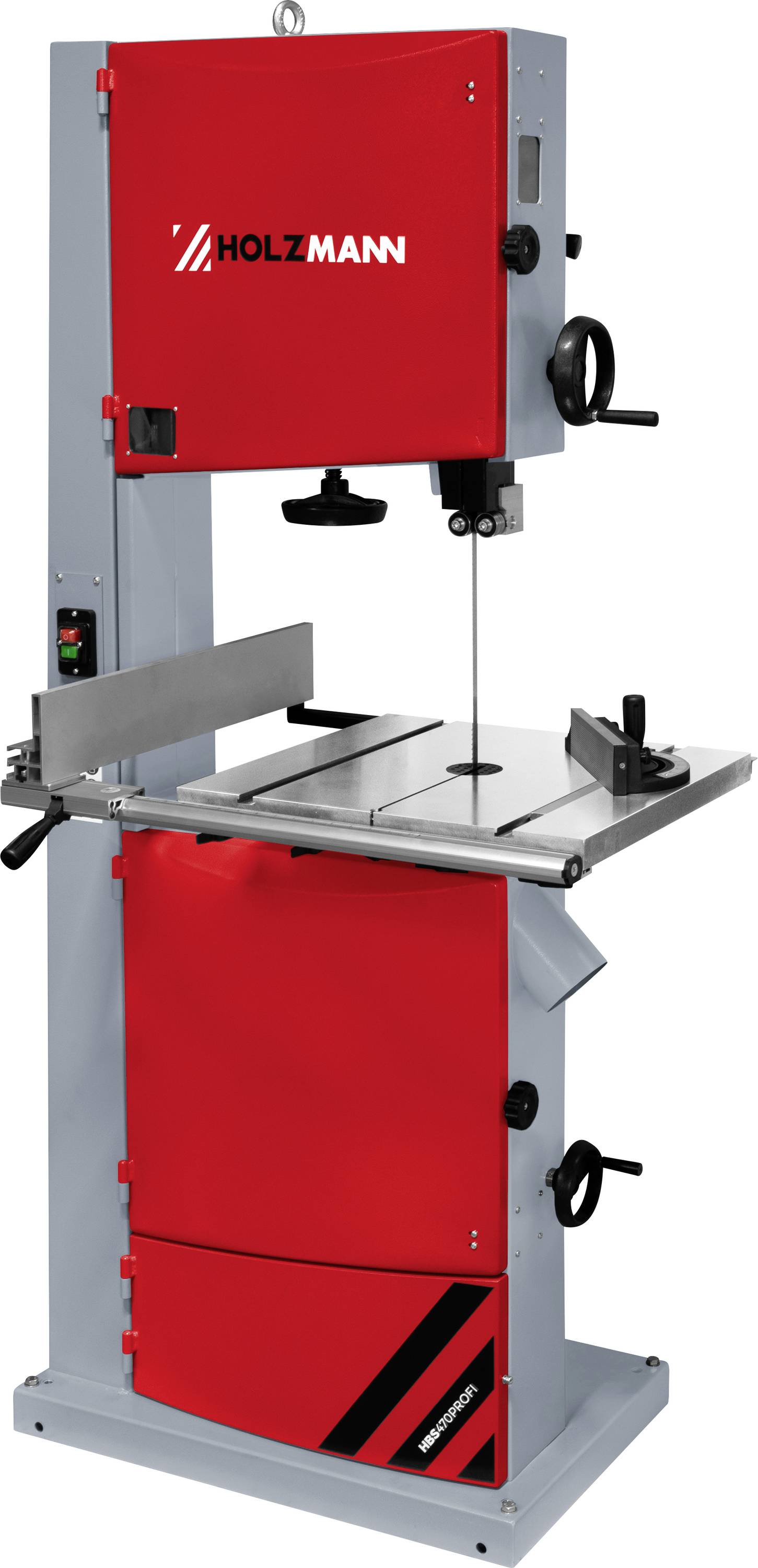 Rot-graue HOLZMANN Bandsägemaschine mit vertikalem Schneidblatt, Arbeitstisch, Schiene und Einstellrädern auf weißem Hintergrund.