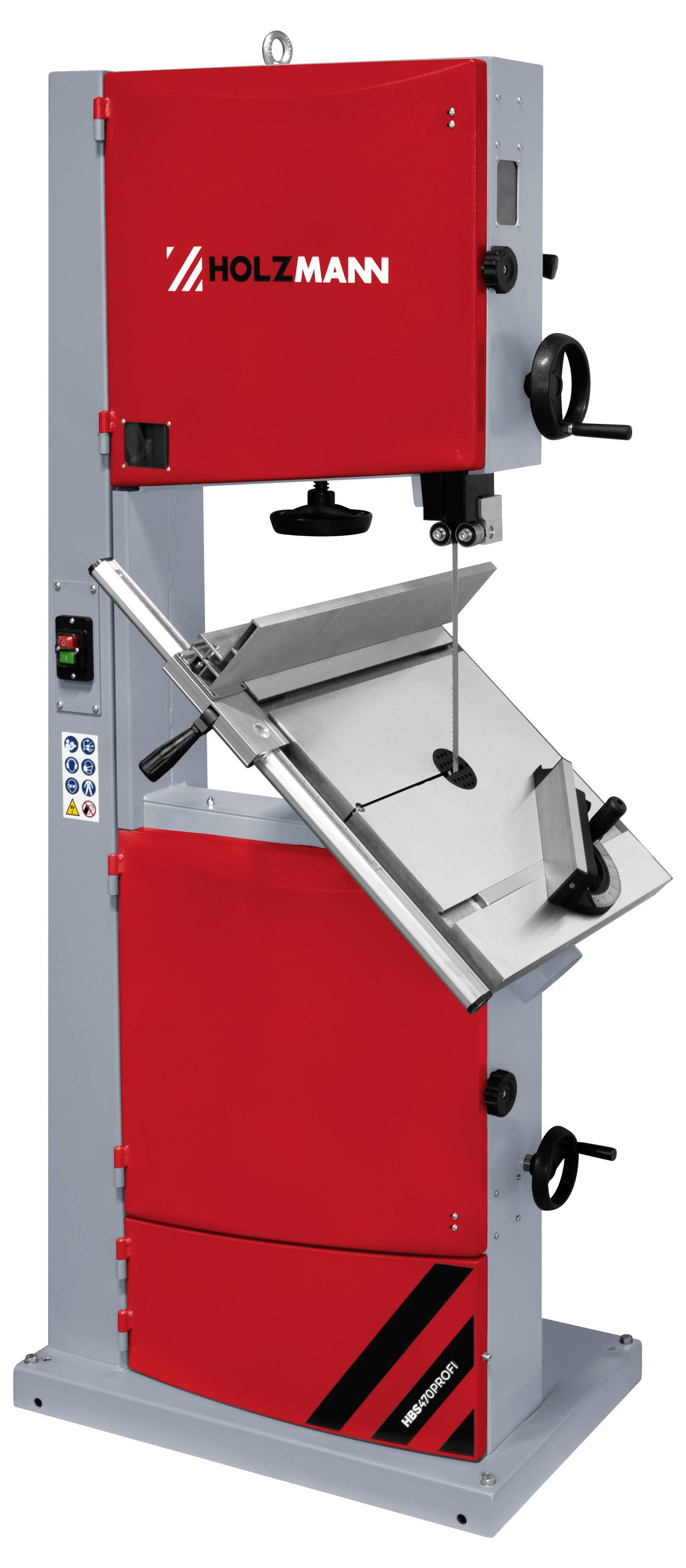 Industrielle Holzmann-Bandsägemaschine mit rotes und graues Metallgehäuse, verstellbarem geneigtem Arbeitstisch und seitlichen Handradsteuerungen.