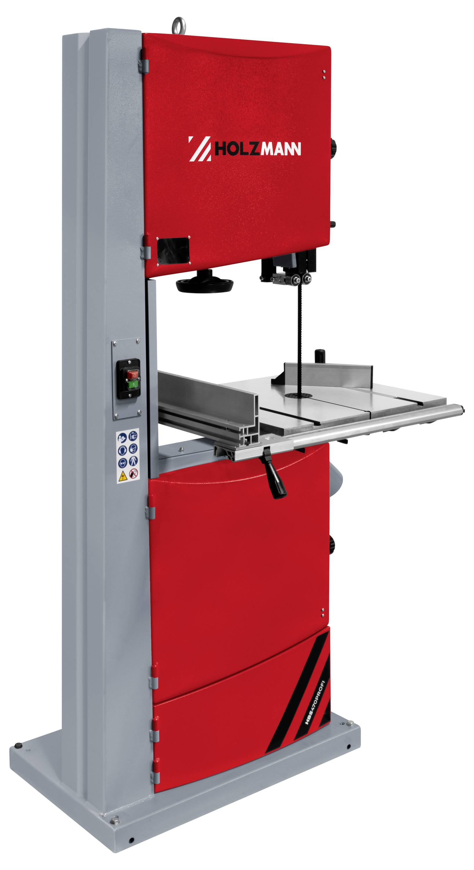 Rotes HOLZMANN Vertikalbandsägenmaschine mit grauem Rahmen und verstellbarem Schneidetisch.