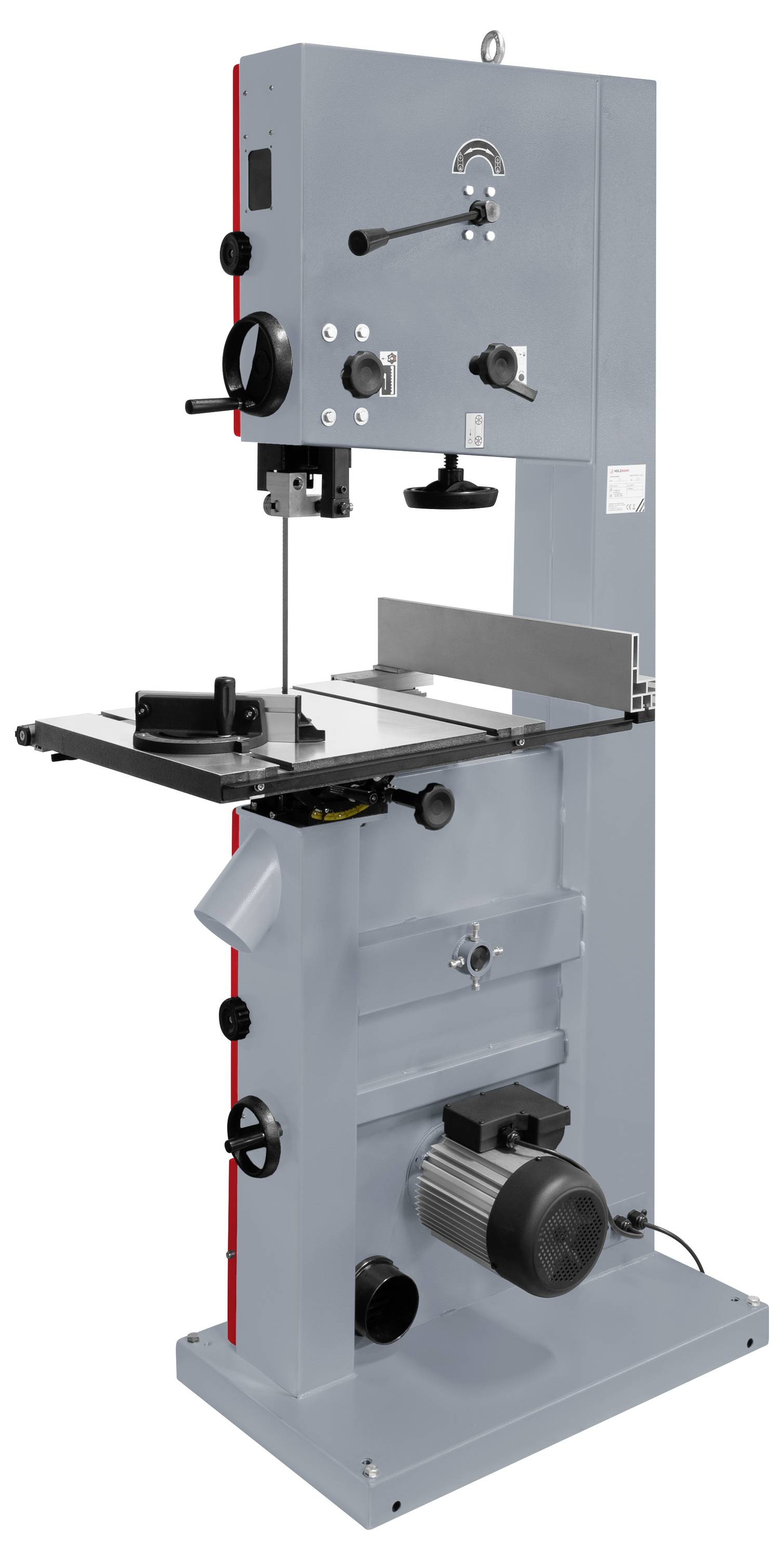 Industrielle Bandsägenmaschine mit grauem Metallrahmen, Sägeblatt zwischen oberen und unteren Rädern, Schneidetisch und Motorgestell auf weißem Hintergrund.