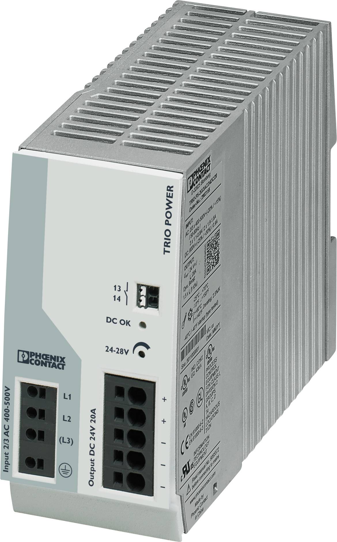 Netzteilmodul 'TRIO POWER' der Marke Phoenix Contact, Eingang 1AC 100-240V, Ausgang DC 24V, 5A. Wandmontage mit LED-Anzeige.
